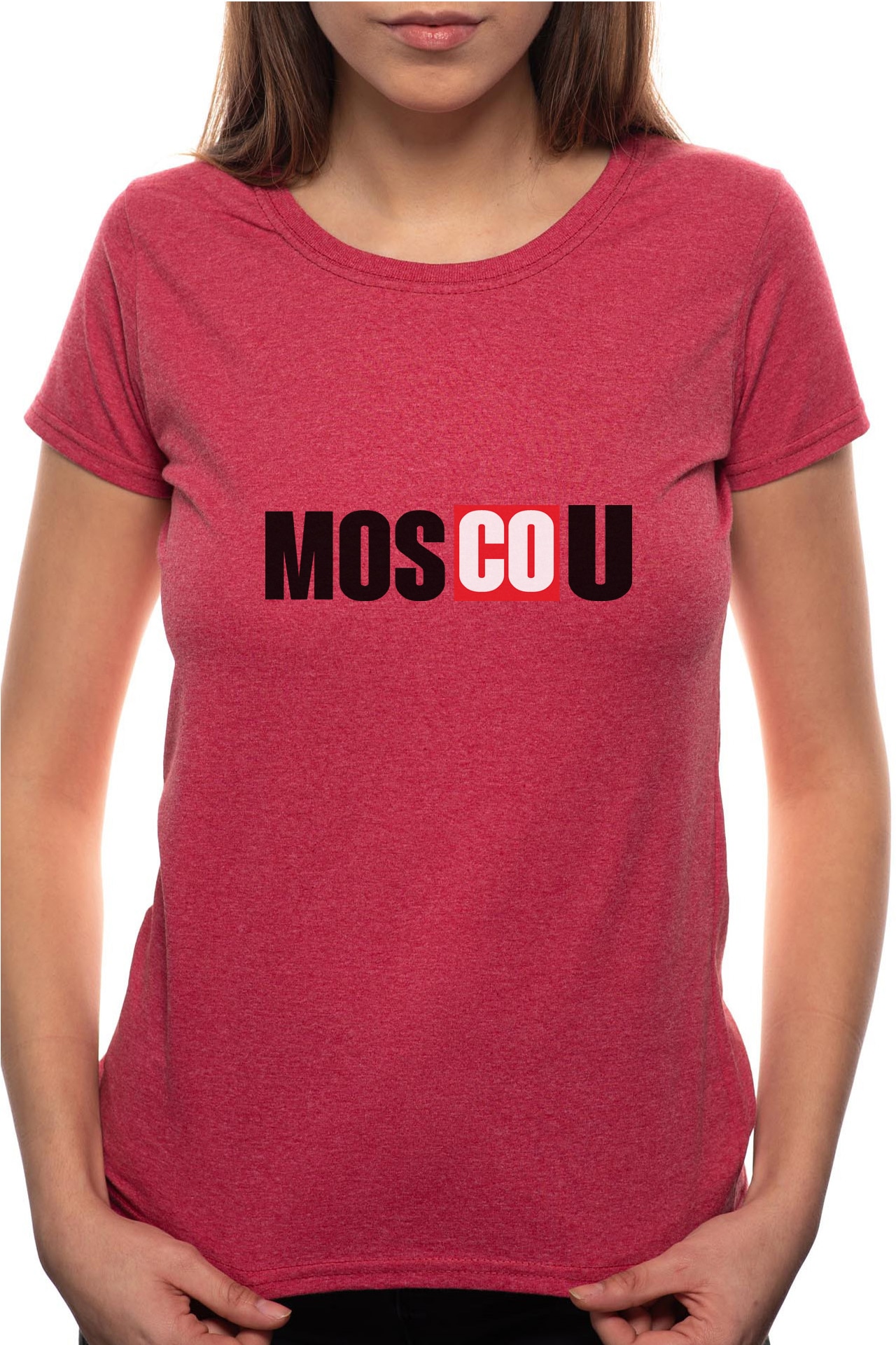 Tricou dama, La Casa De Papel - Moscow, 100% Bumbac, BR148, Rosu Bordeaux