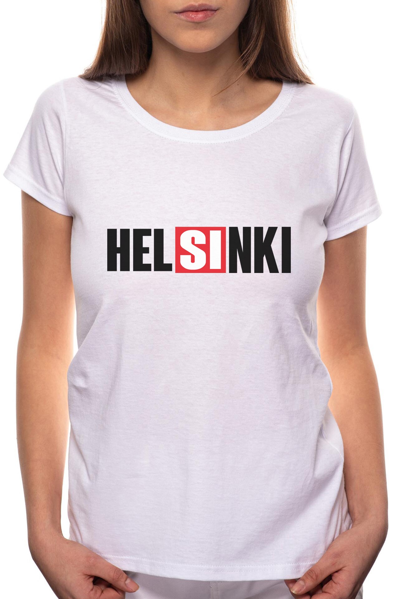 Tricou dama, La Casa De Papel - Helsinki, 100% Bumbac, P150, Alb