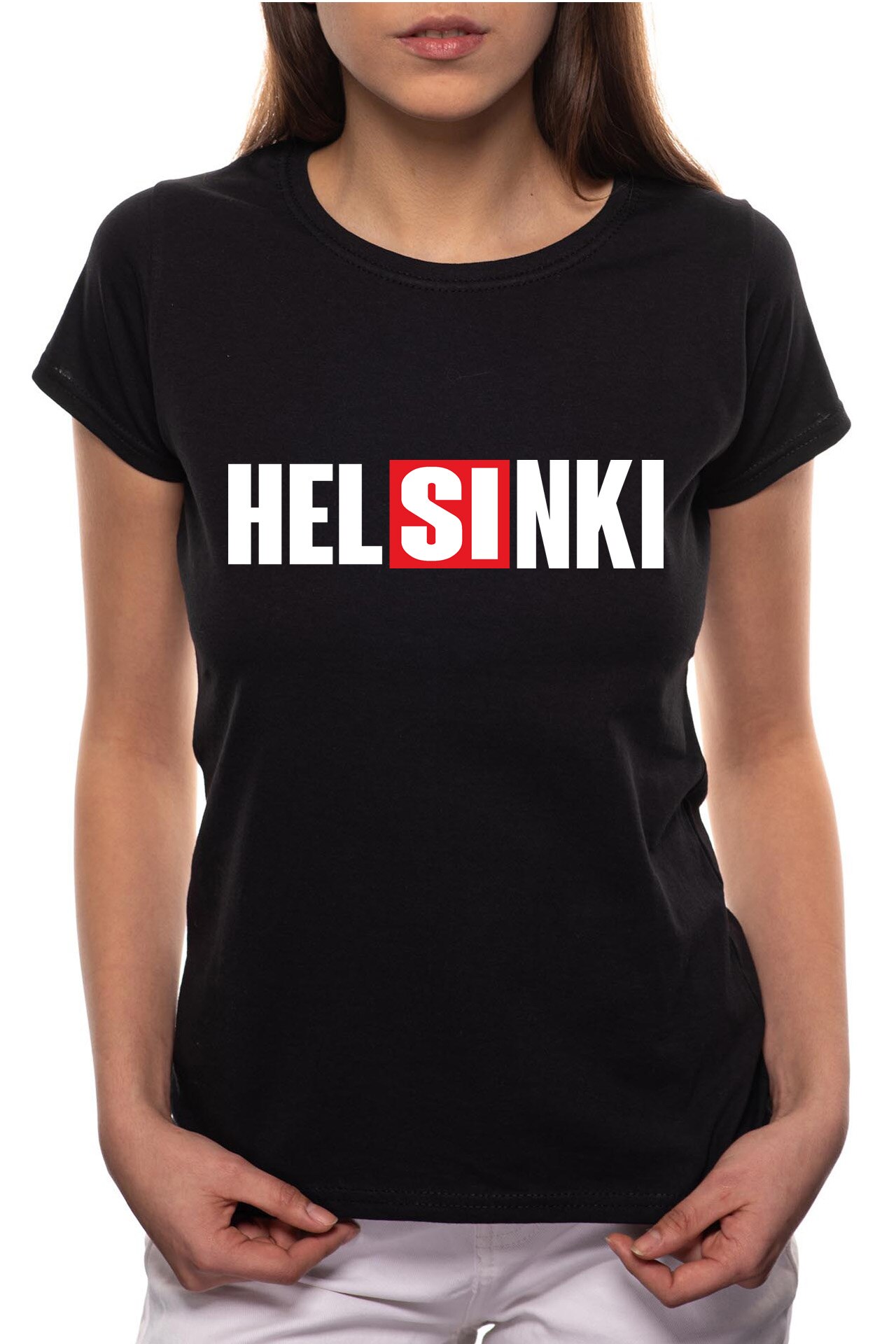Tricou dama, La Casa De Papel - Helsinki, 100% Bumbac, P150, Negru