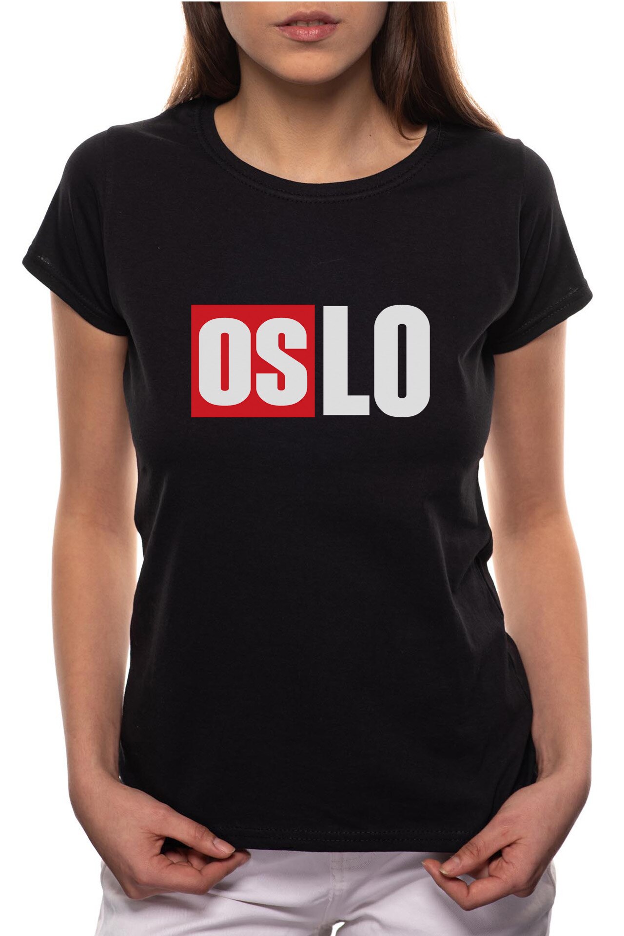 Tricou dama, La Casa De Papel - Oslo, 100% Bumbac, R151, Negru