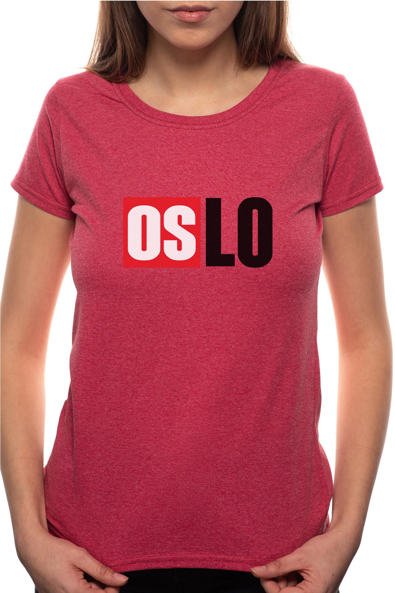 Tricou dama, La Casa De Papel - Oslo, 100% Bumbac, R151, Rosu Bordeaux