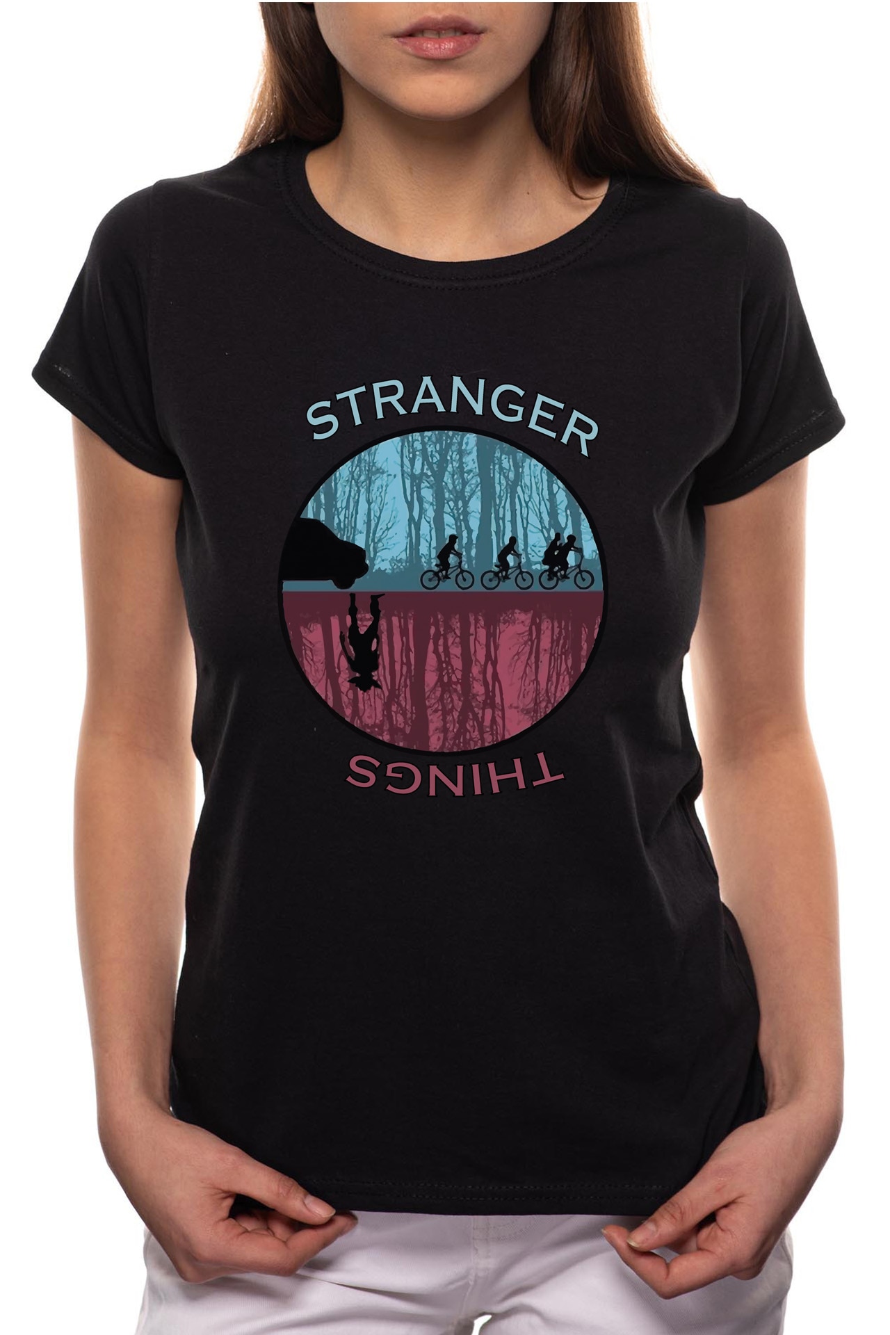 Tricou dama, Stranger Things - Forest, 100% Bumbac, B175, Negru