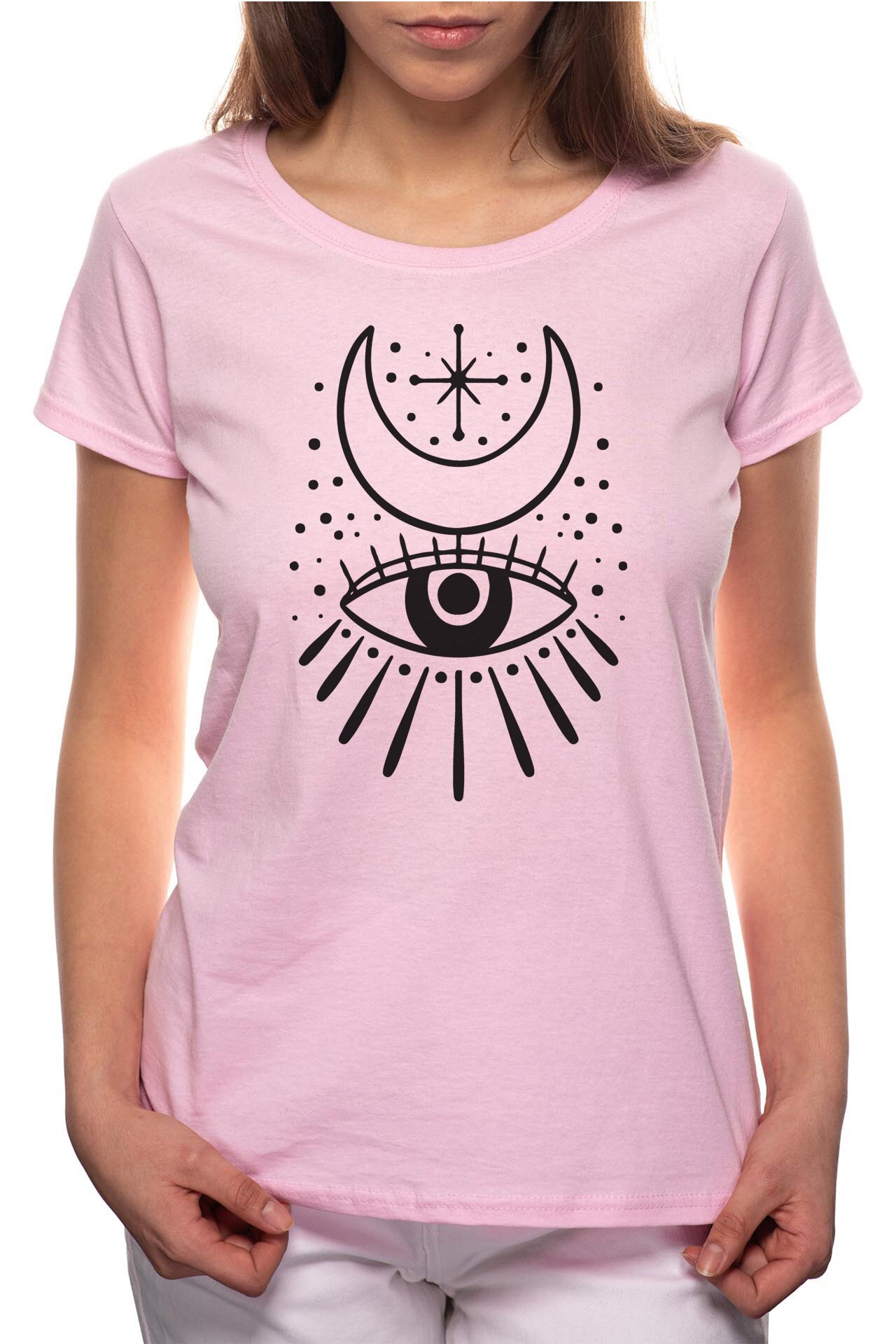 Tricou dama, Eye And Moon, 100% Bumbac, B192, Roz