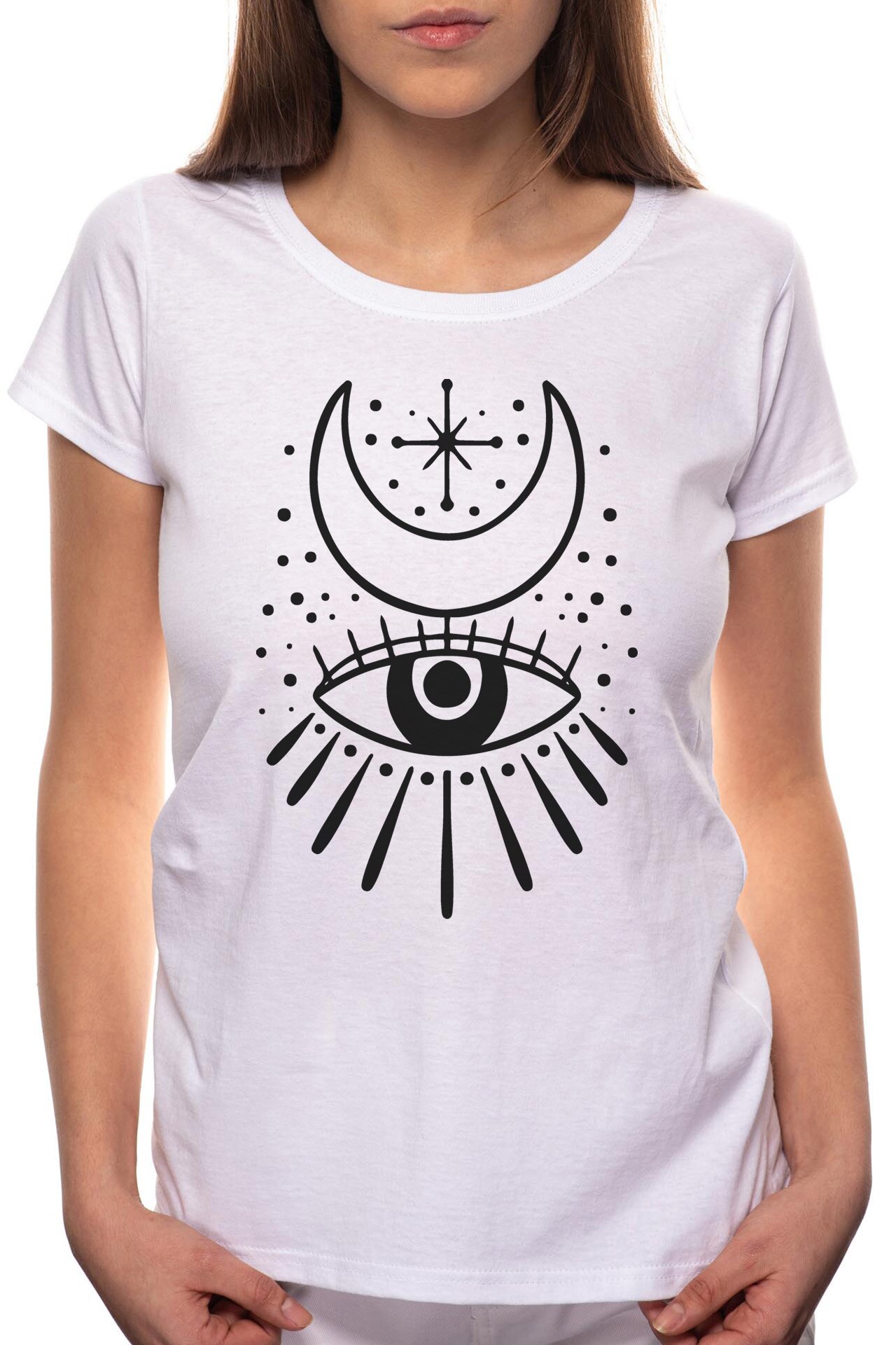 Tricou dama, Eye And Moon, 100% Bumbac, B192, Alb