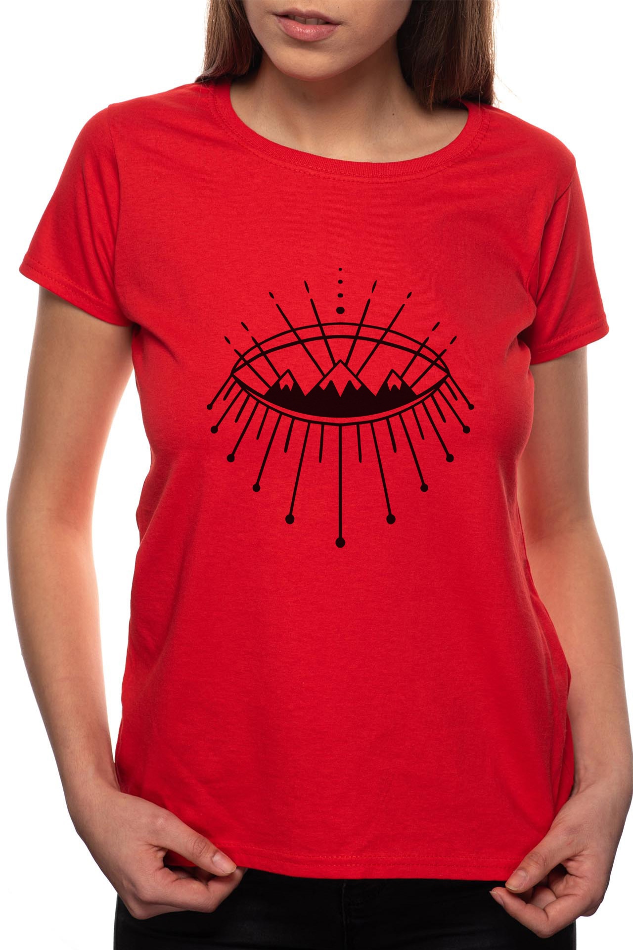 Tricou dama, Mountains In Eye, 100% Bumbac, P194, Rosu