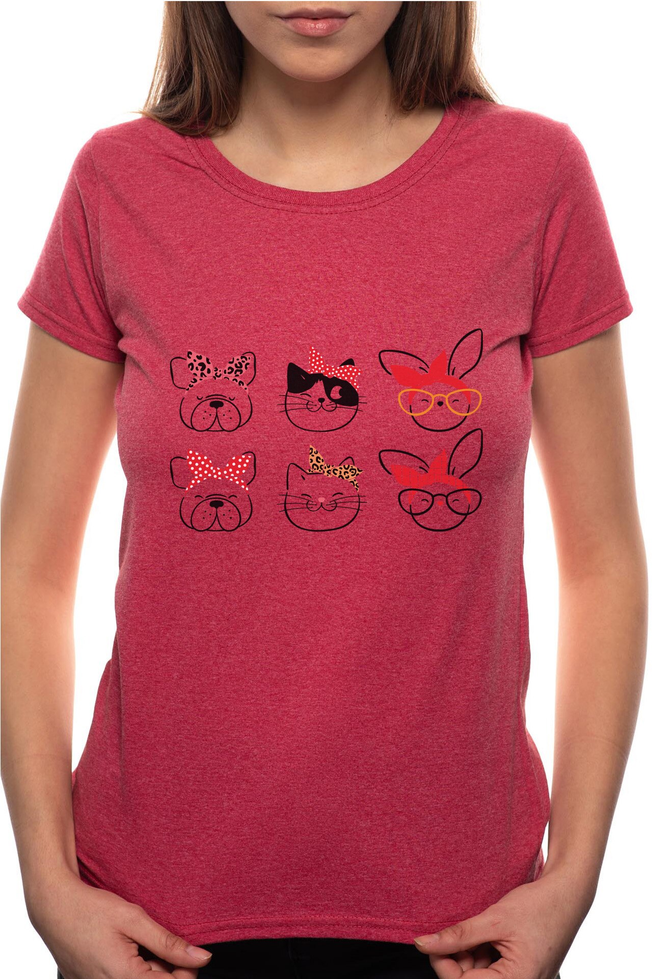 Tricou dama, Fashion Dog And Cat, 100% Bumbac, P197, Rosu Bordeaux