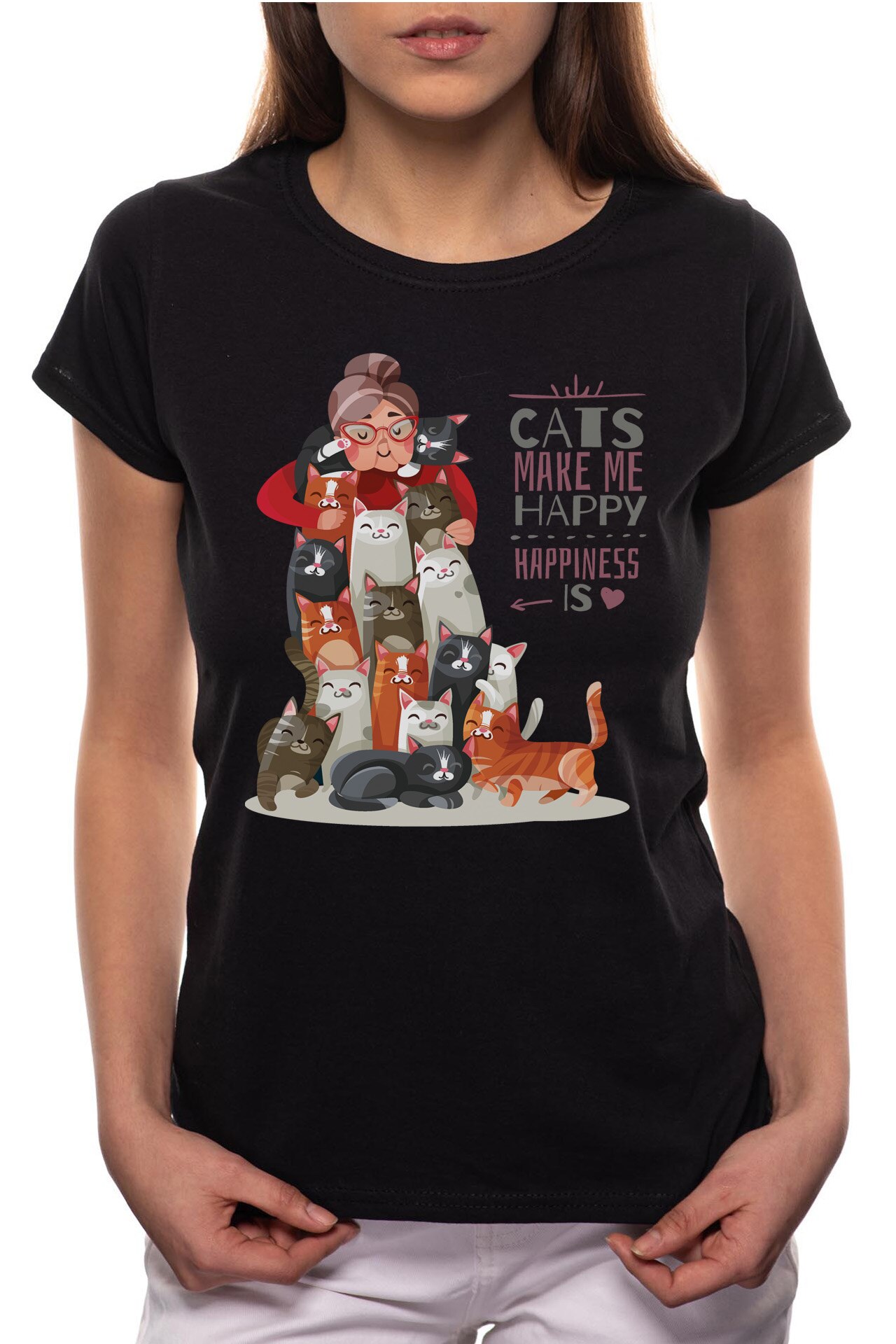 Tricou dama, Cats Make Me Happy, 100% Bumbac, W198, Negru