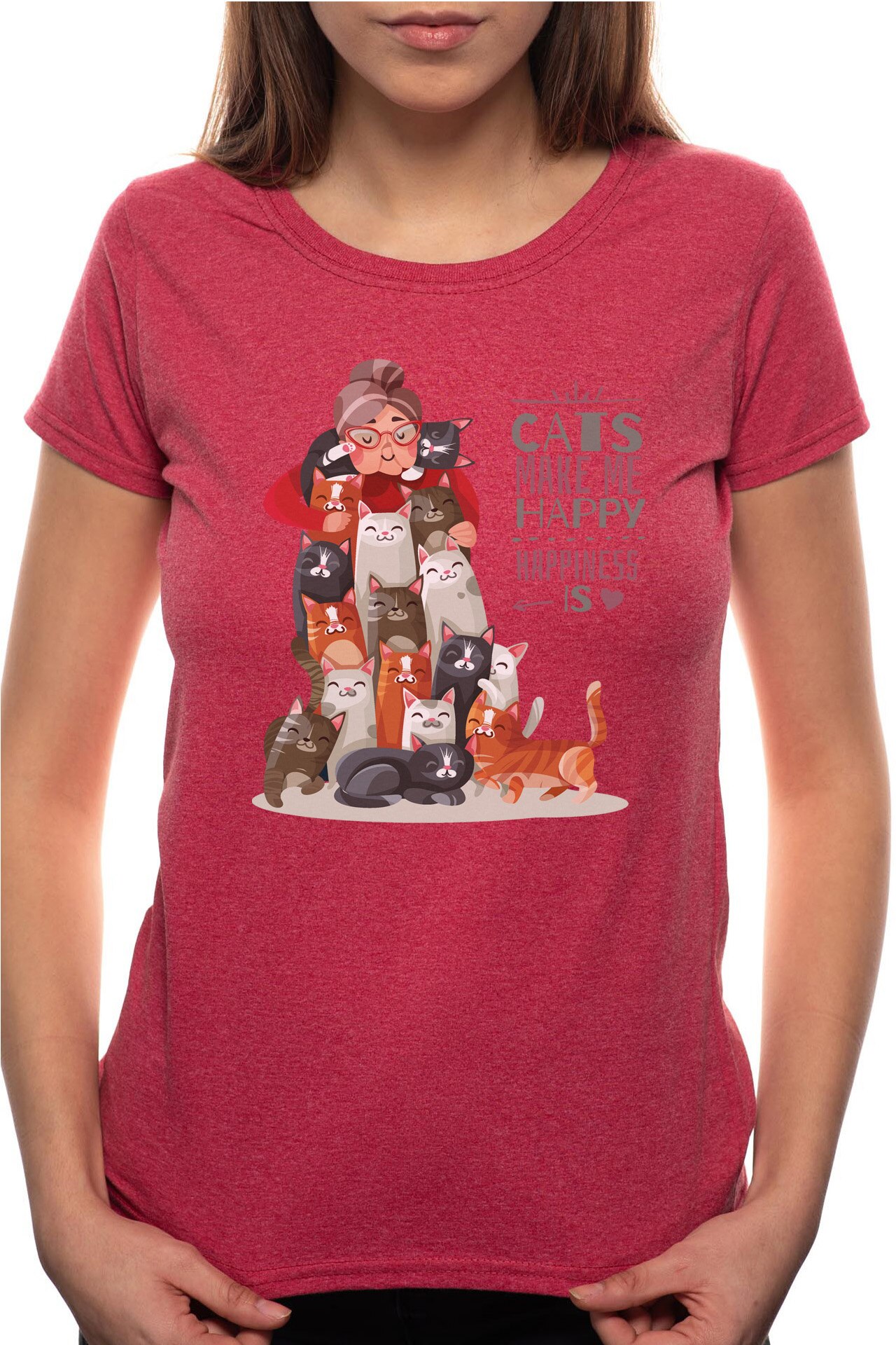 Tricou dama, Cats Make Me Happy, 100% Bumbac, W198, Rosu Bordeaux