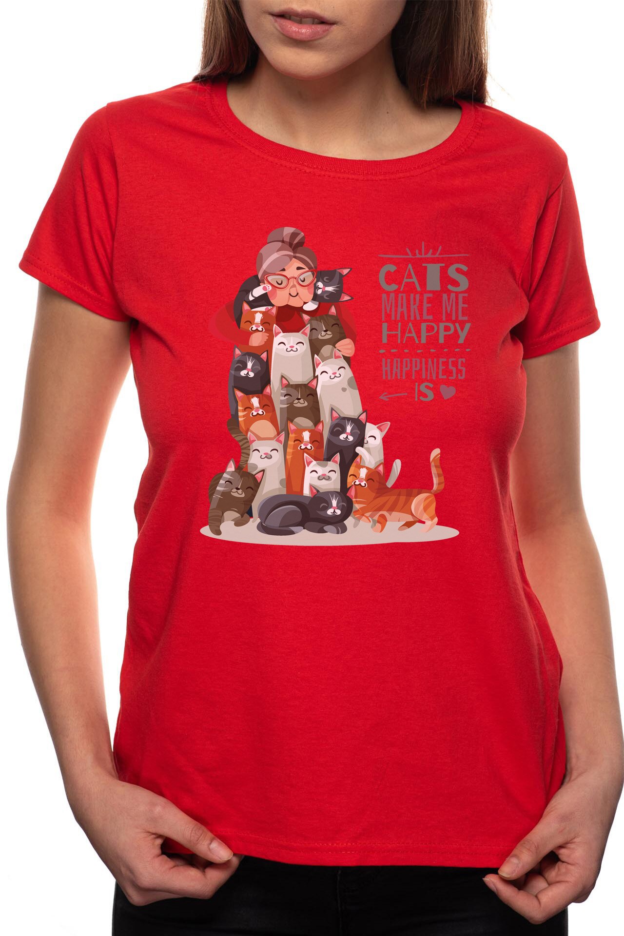 Tricou dama, Cats Make Me Happy, 100% Bumbac, W198, Rosu