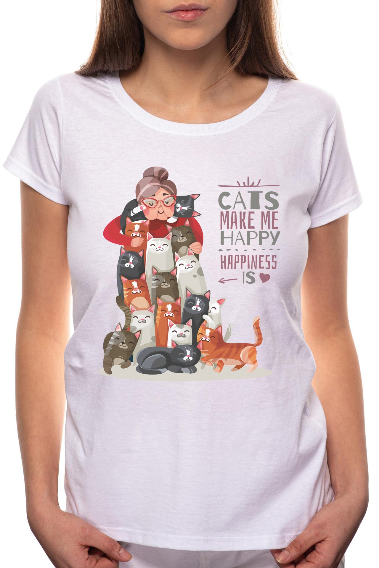 Tricou dama, Cats Make Me Happy, 100% Bumbac, W198, Alb