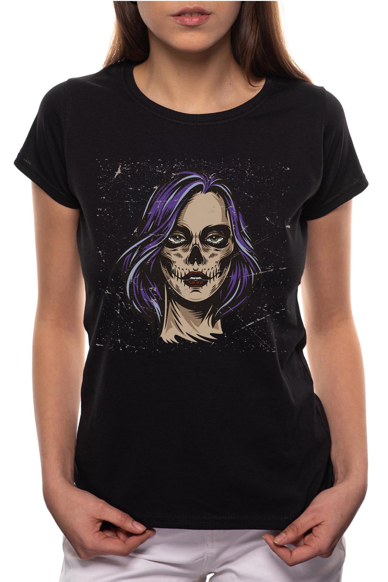 Tricou dama, Skeleton Woman Face, 100% Bumbac, B208, Negru