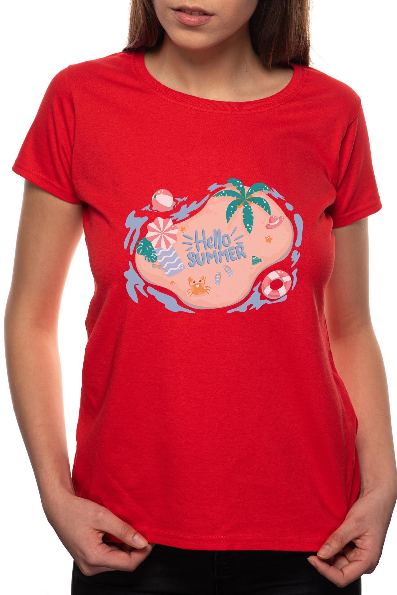 Tricou dama, Hello Summer, 100% Bumbac, R213, Rosu