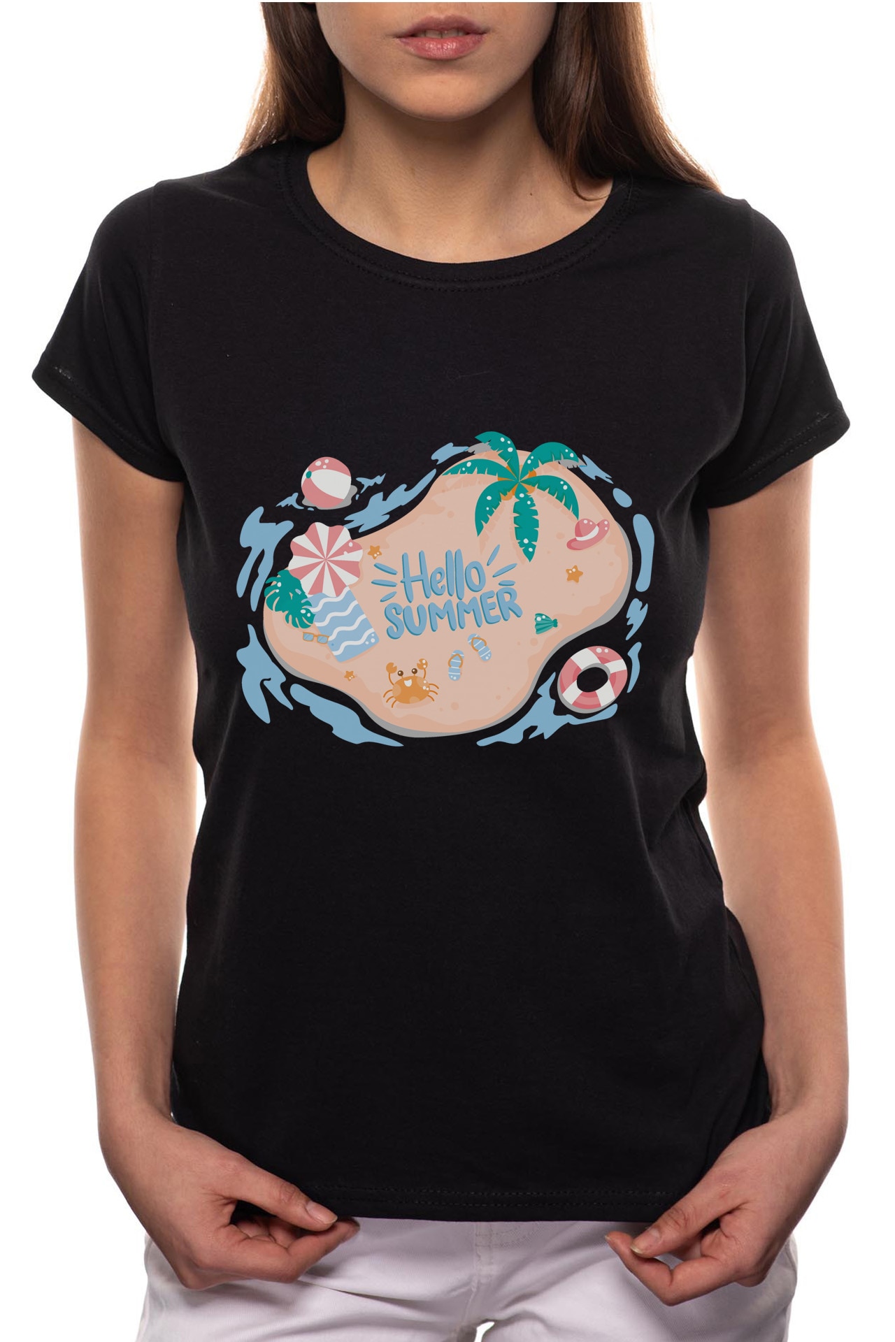 Tricou dama, Hello Summer, 100% Bumbac, R213, Negru