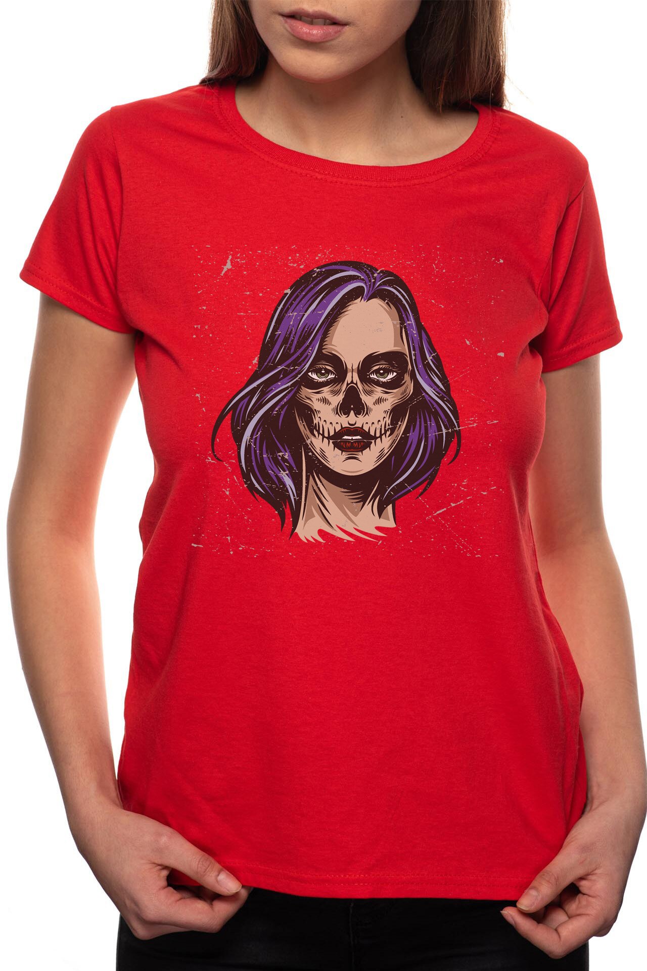 Tricou dama, Skeleton Woman Face, 100% Bumbac, B208, Rosu