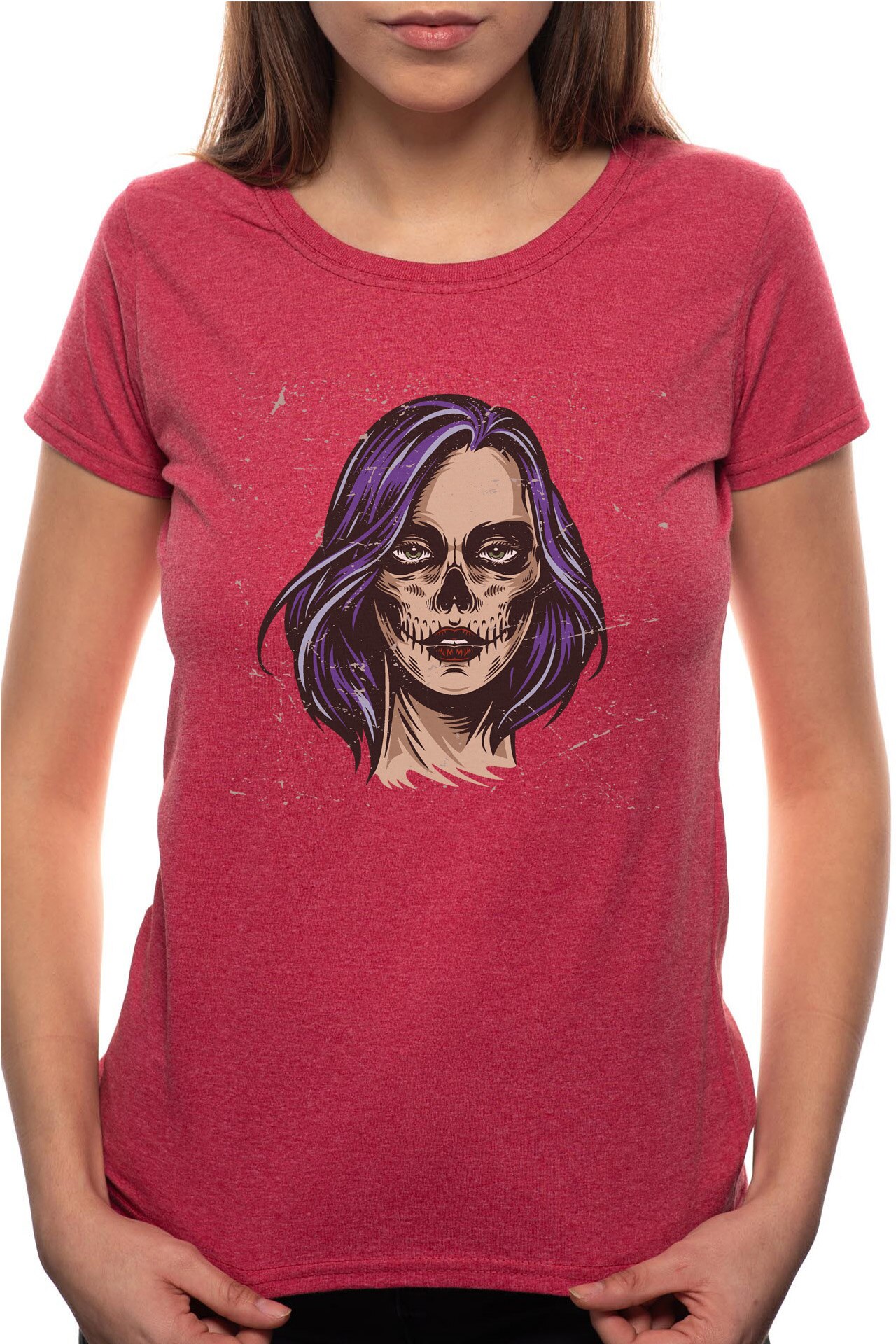 Tricou dama, Skeleton Woman Face, 100% Bumbac, B208, Rosu Bordeaux