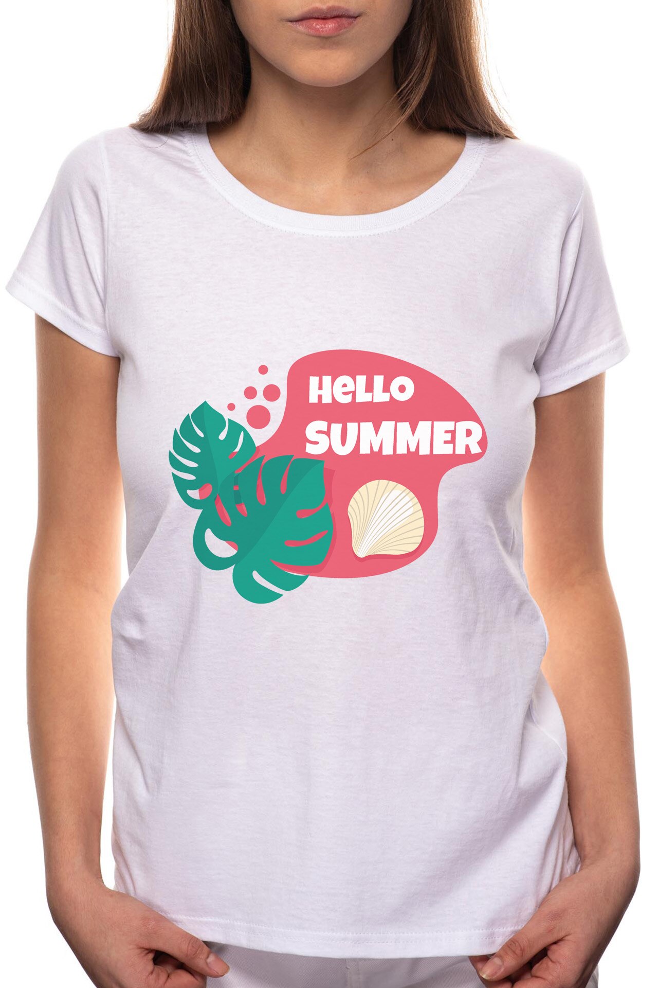 Tricou dama, Hello Summer, 100% Bumbac, BR210, Alb
