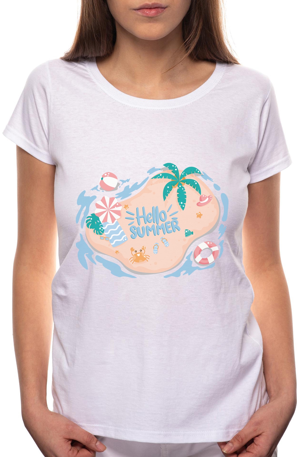 Tricou dama, Hello Summer, 100% Bumbac, R213, Alb
