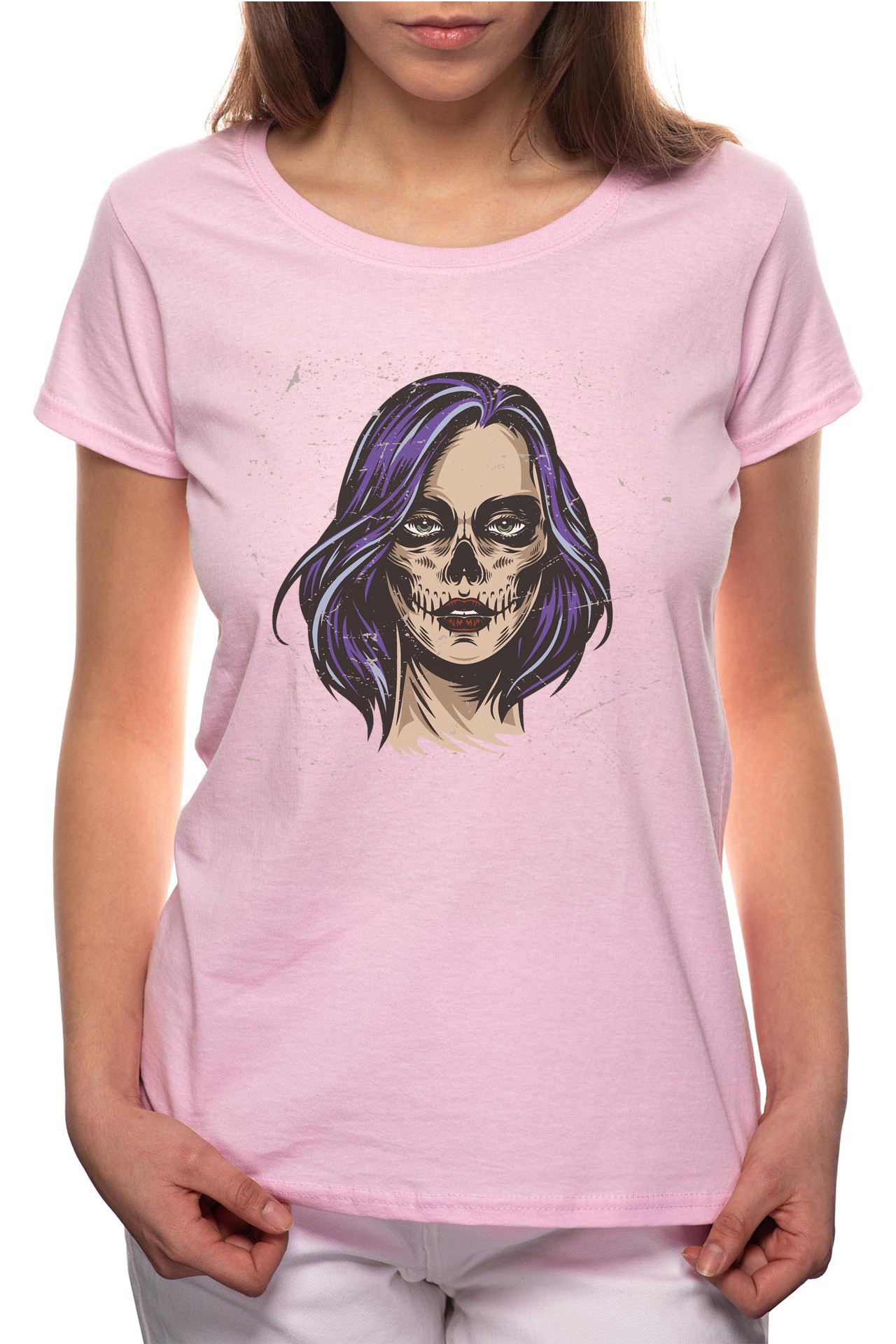 Tricou dama, Skeleton Woman Face, 100% Bumbac, B208, Roz