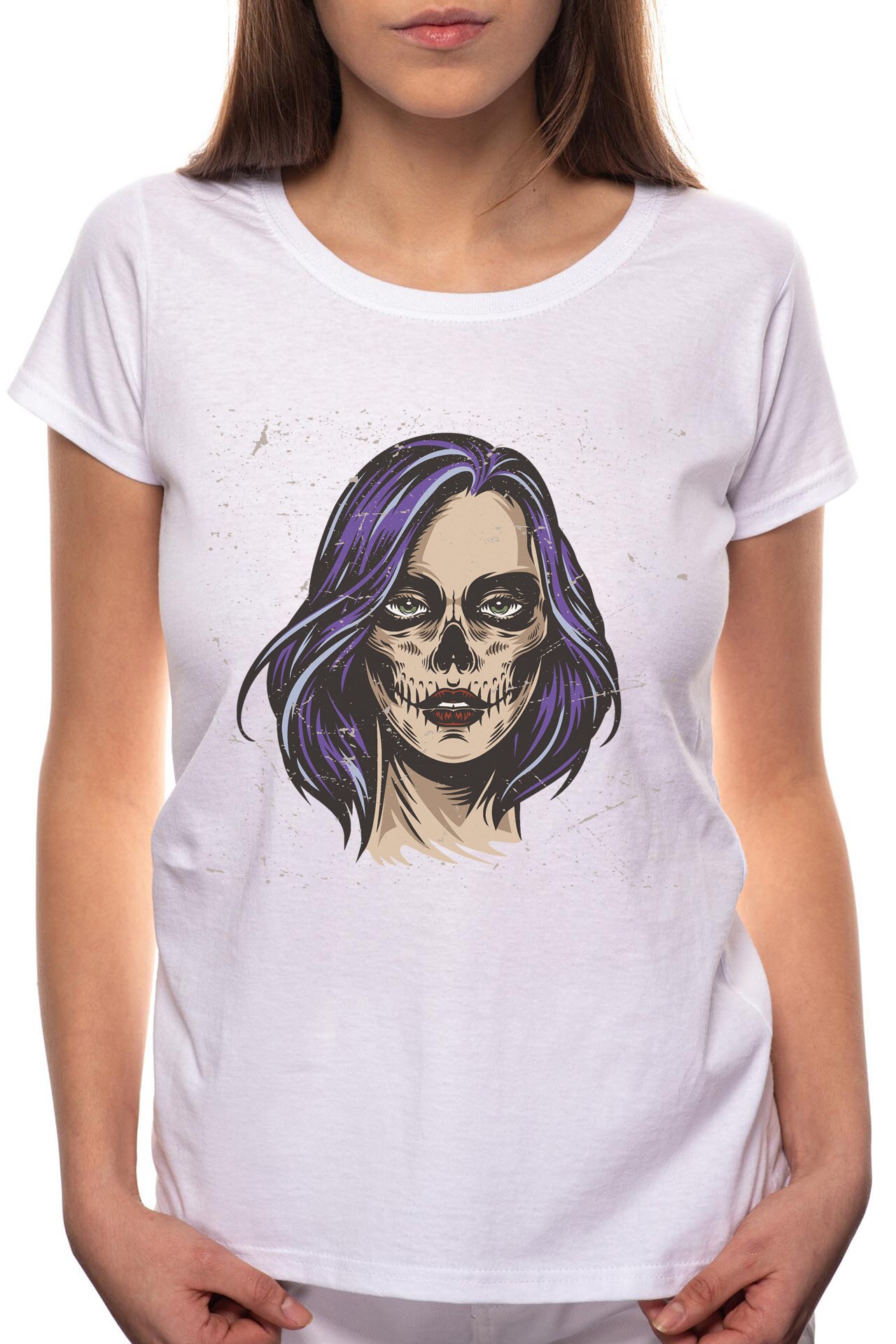 Tricou dama, Skeleton Woman Face, 100% Bumbac, B208, Alb