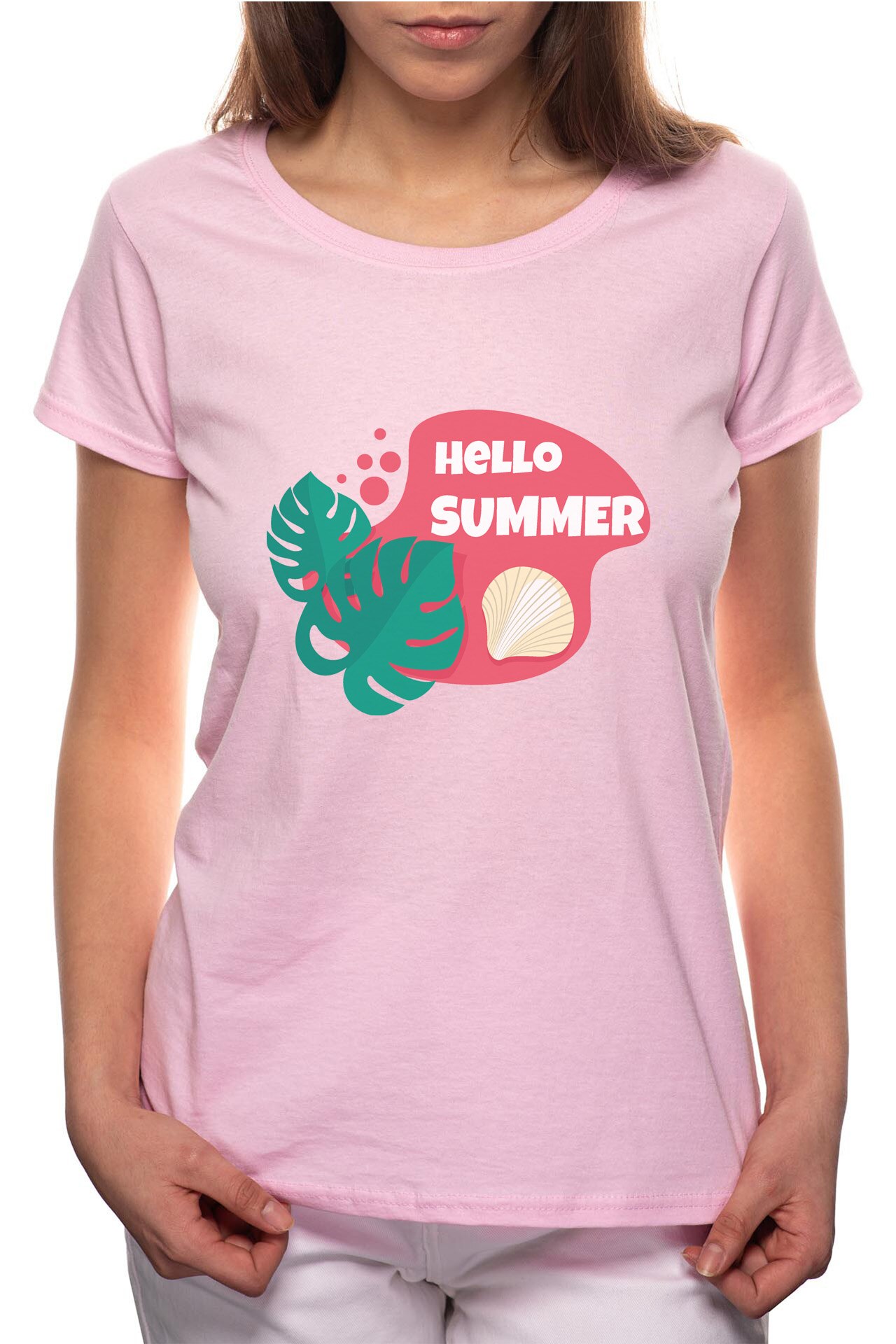 Tricou dama, Hello Summer, 100% Bumbac, BR210, Roz