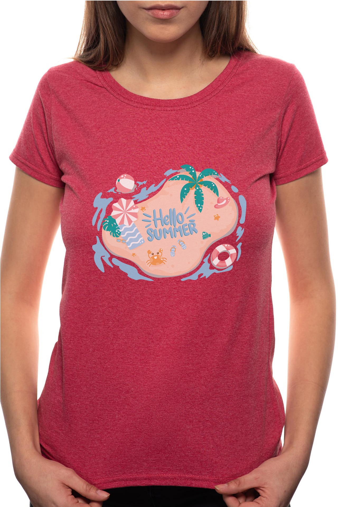 Tricou dama, Hello Summer, 100% Bumbac, R213, Rosu Bordeaux