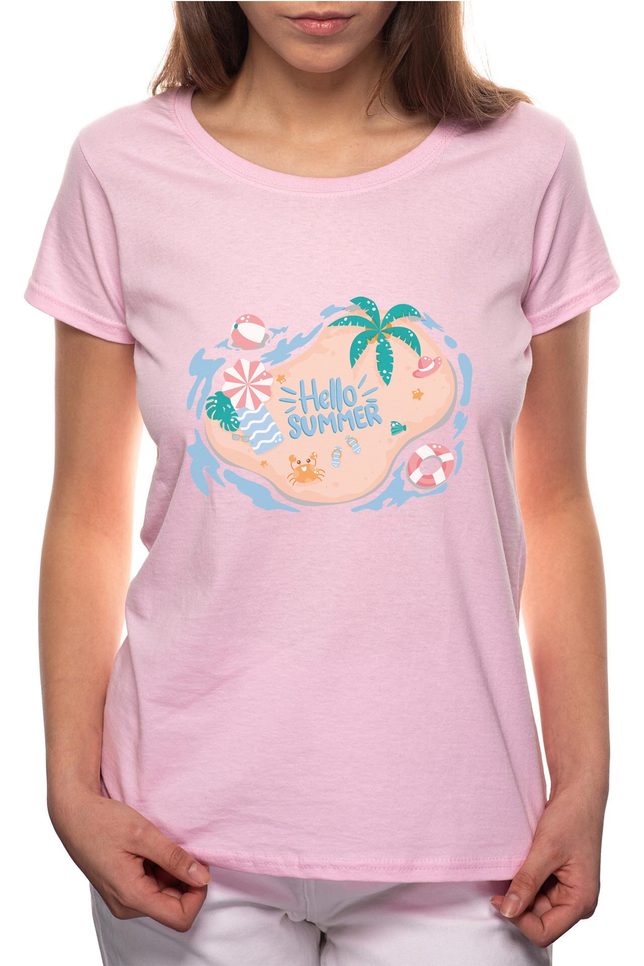 Tricou dama, Hello Summer, 100% Bumbac, R213, Roz
