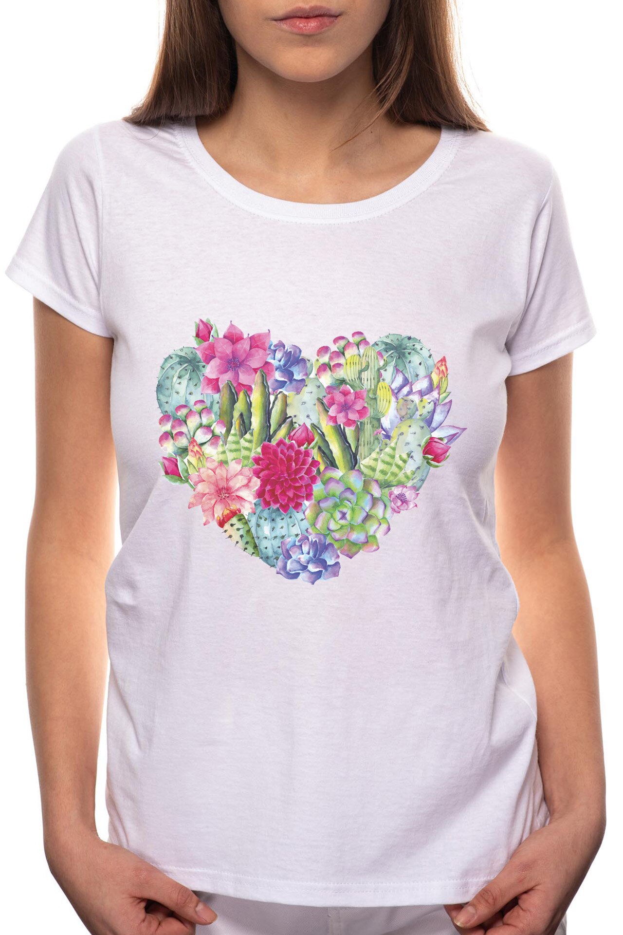 Tricou dama, Cactus Heart, 100% Bumbac, B219, Alb