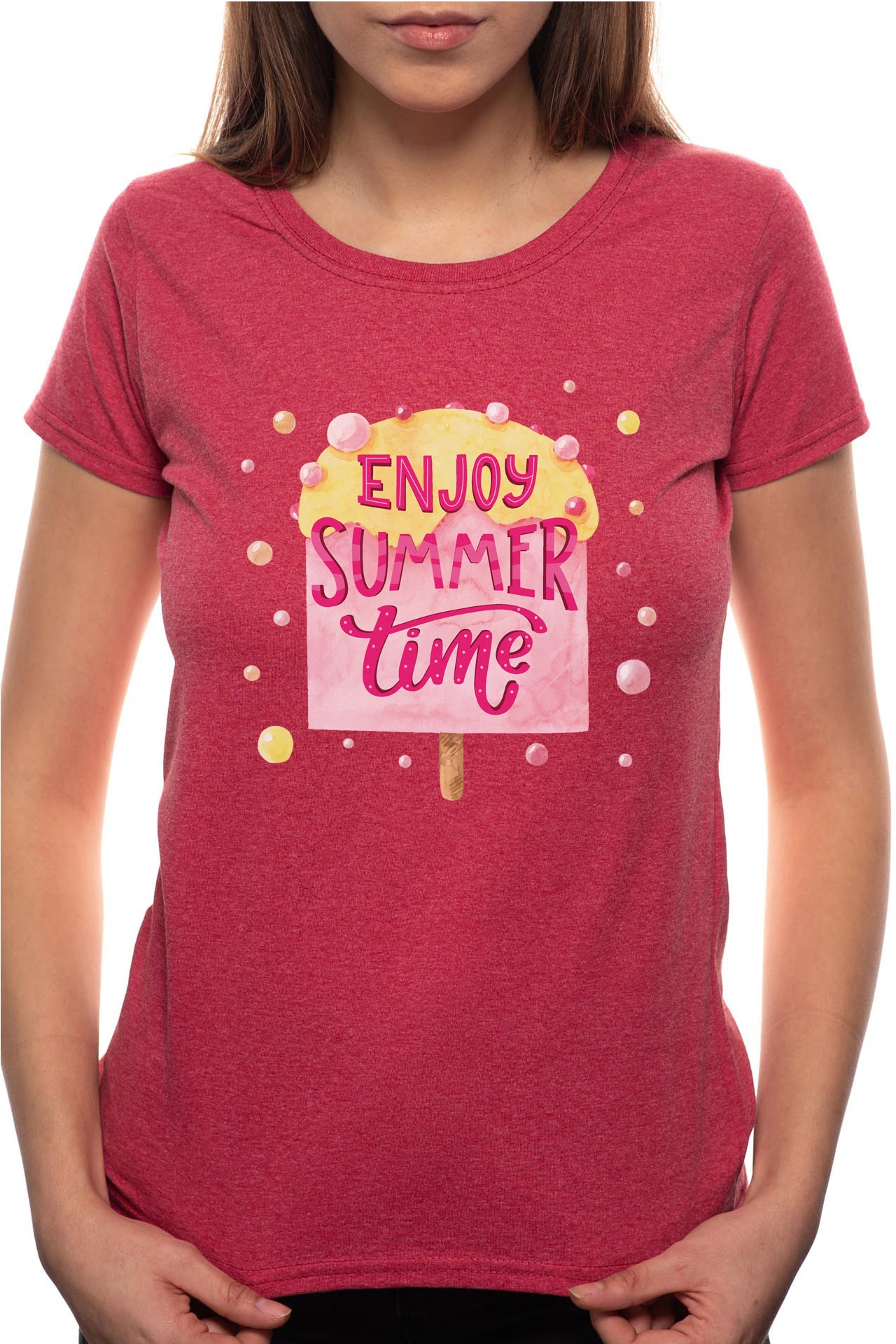 Tricou dama, Enjoy Summer Time, 100% Bumbac, P217, Rosu Bordeaux