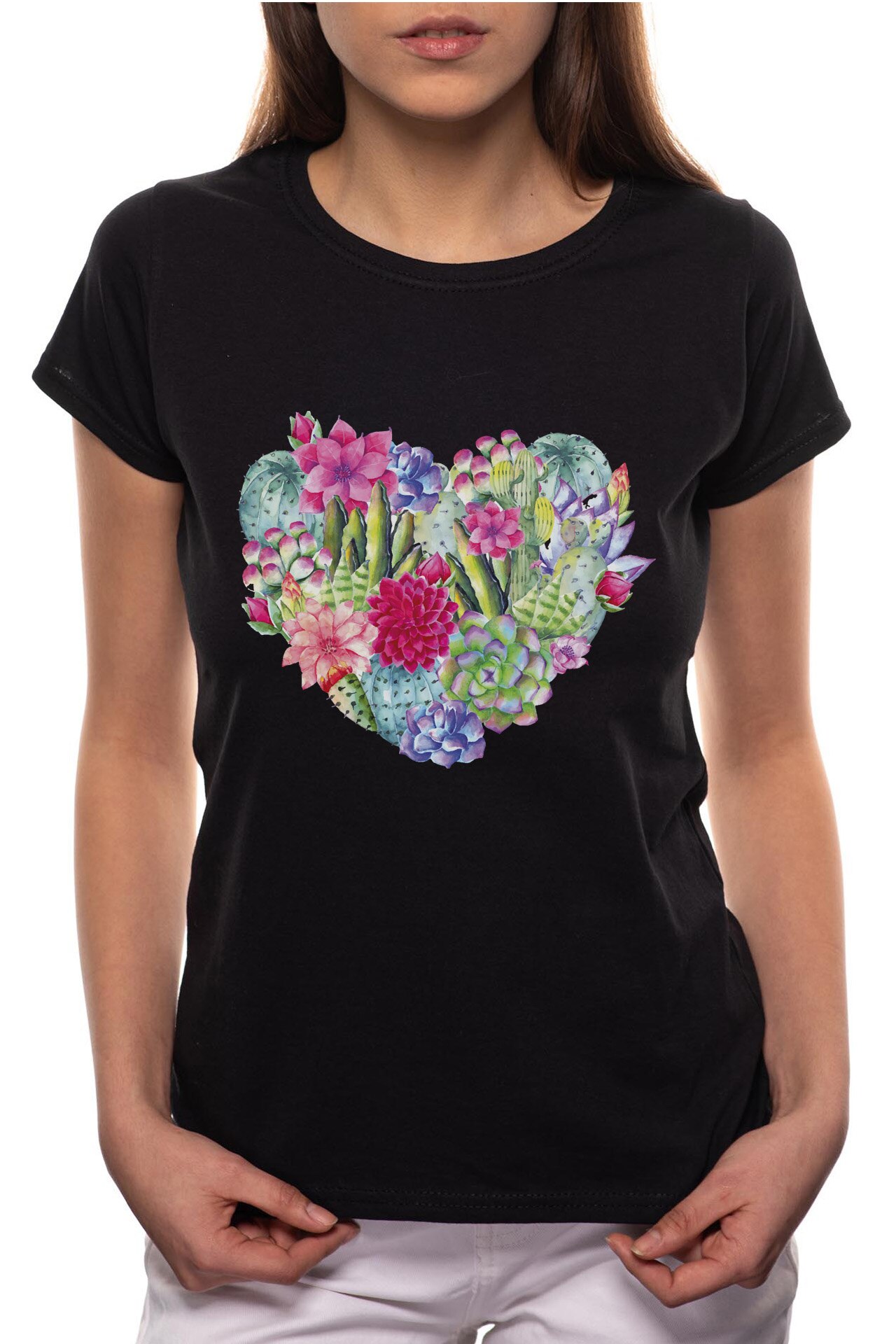 Tricou dama, Cactus Heart, 100% Bumbac, B219, Negru