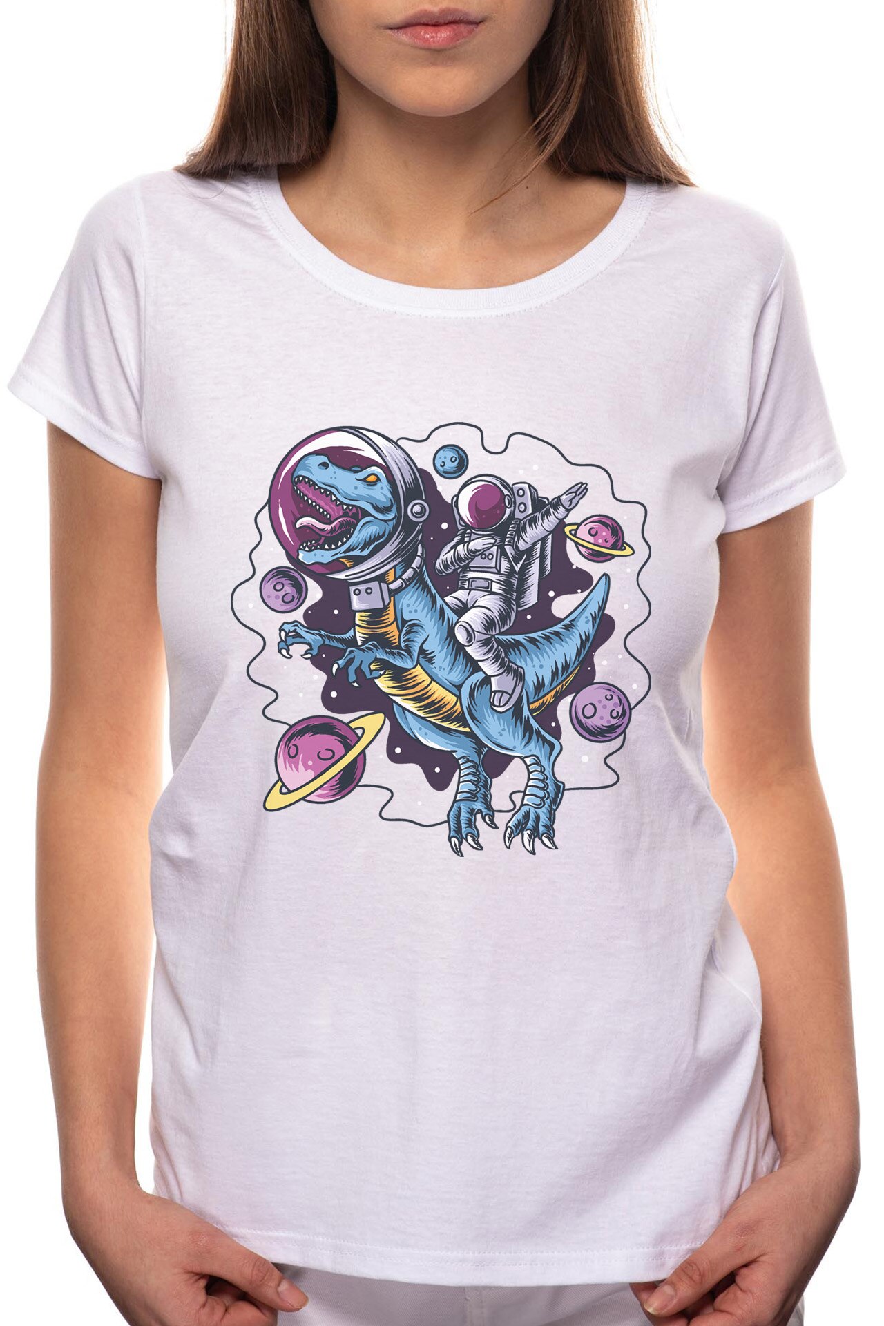 Tricou dama, Astronaut Dinosaurus, 100% Bumbac, BR226, Alb