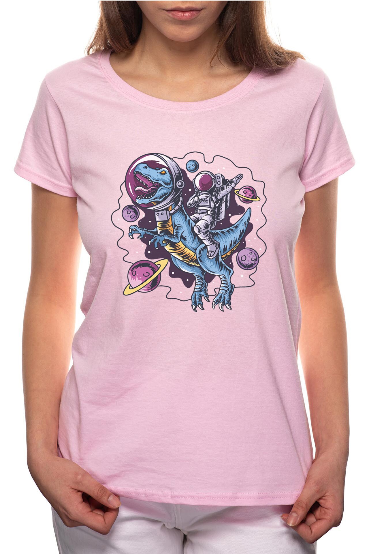 Tricou dama, Astronaut Dinosaurus, 100% Bumbac, BR226, Roz