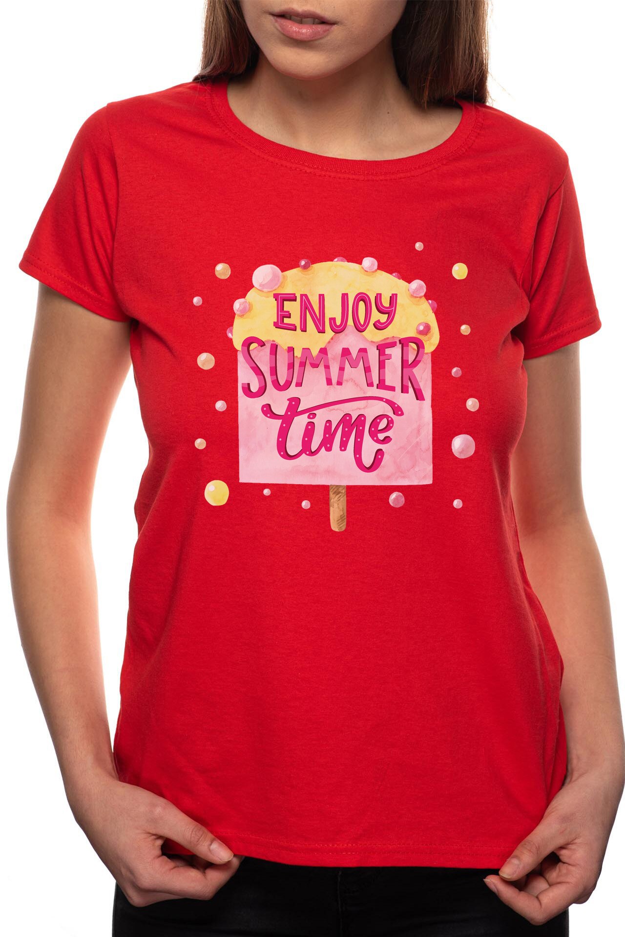 Tricou dama, Enjoy Summer Time, 100% Bumbac, P217, Rosu