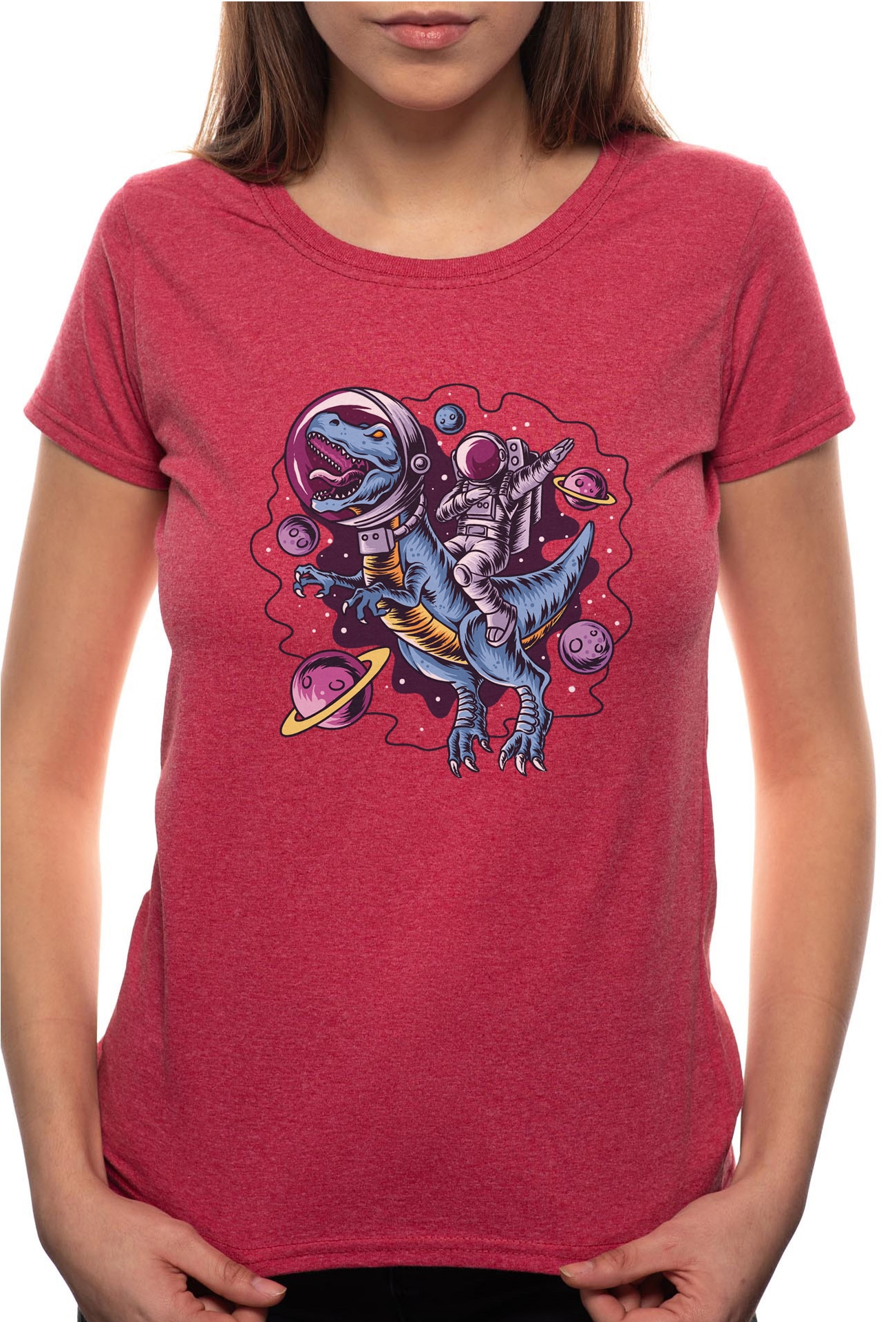 Tricou dama, Astronaut Dinosaurus, 100% Bumbac, BR226, Rosu Bordeaux