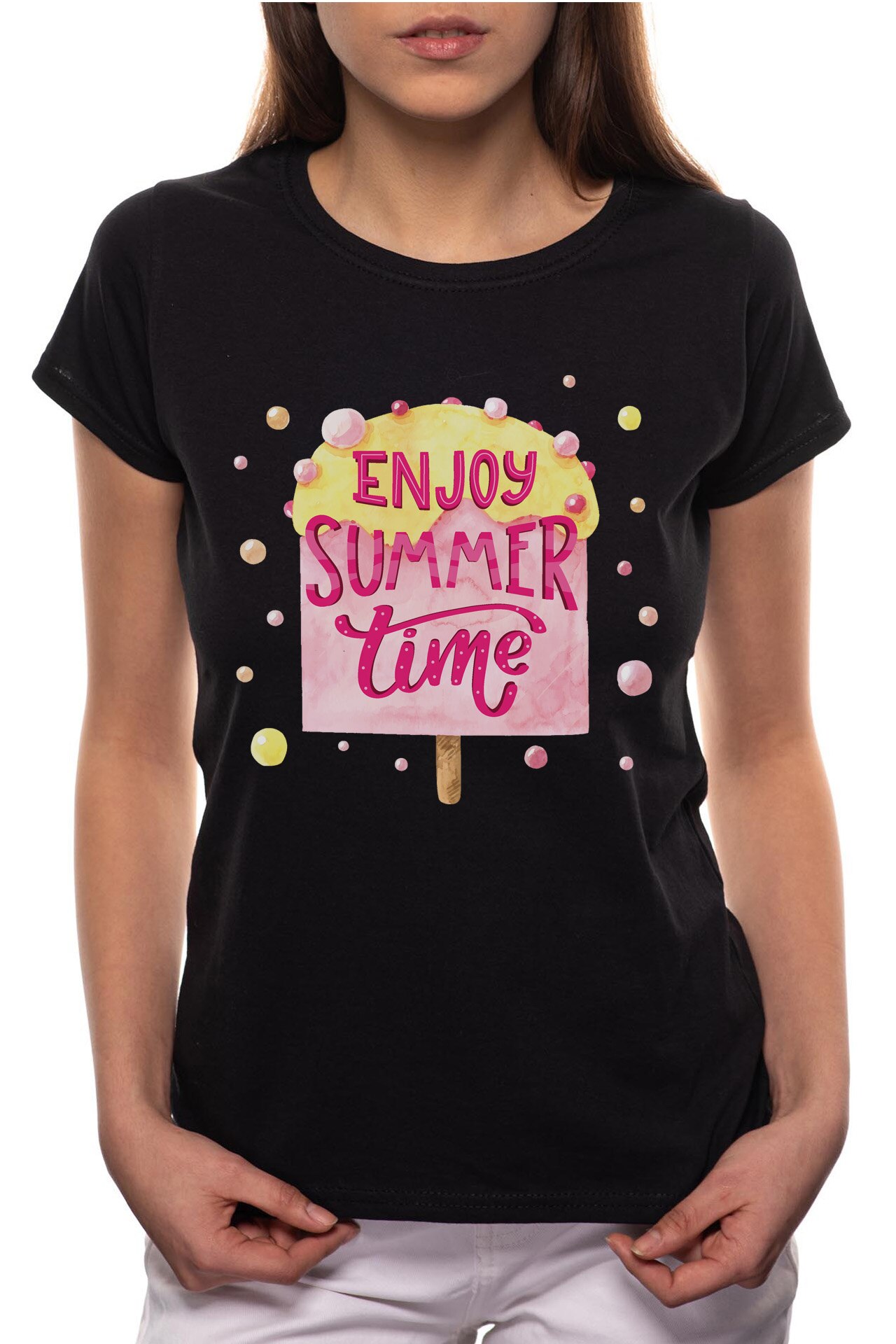 Tricou dama, Enjoy Summer Time, 100% Bumbac, P217, Negru