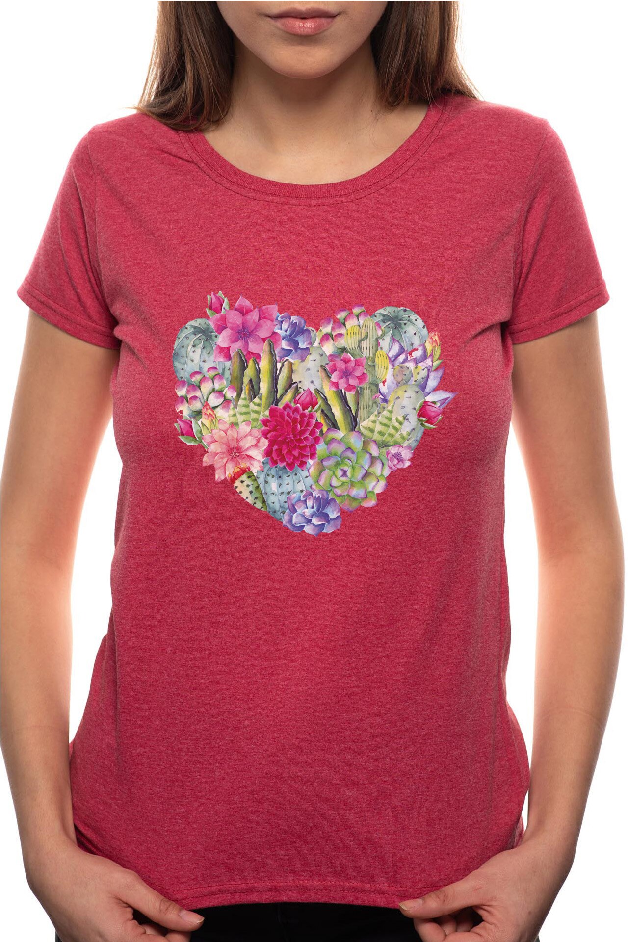 Tricou dama, Cactus Heart, 100% Bumbac, B219, Rosu Bordeaux