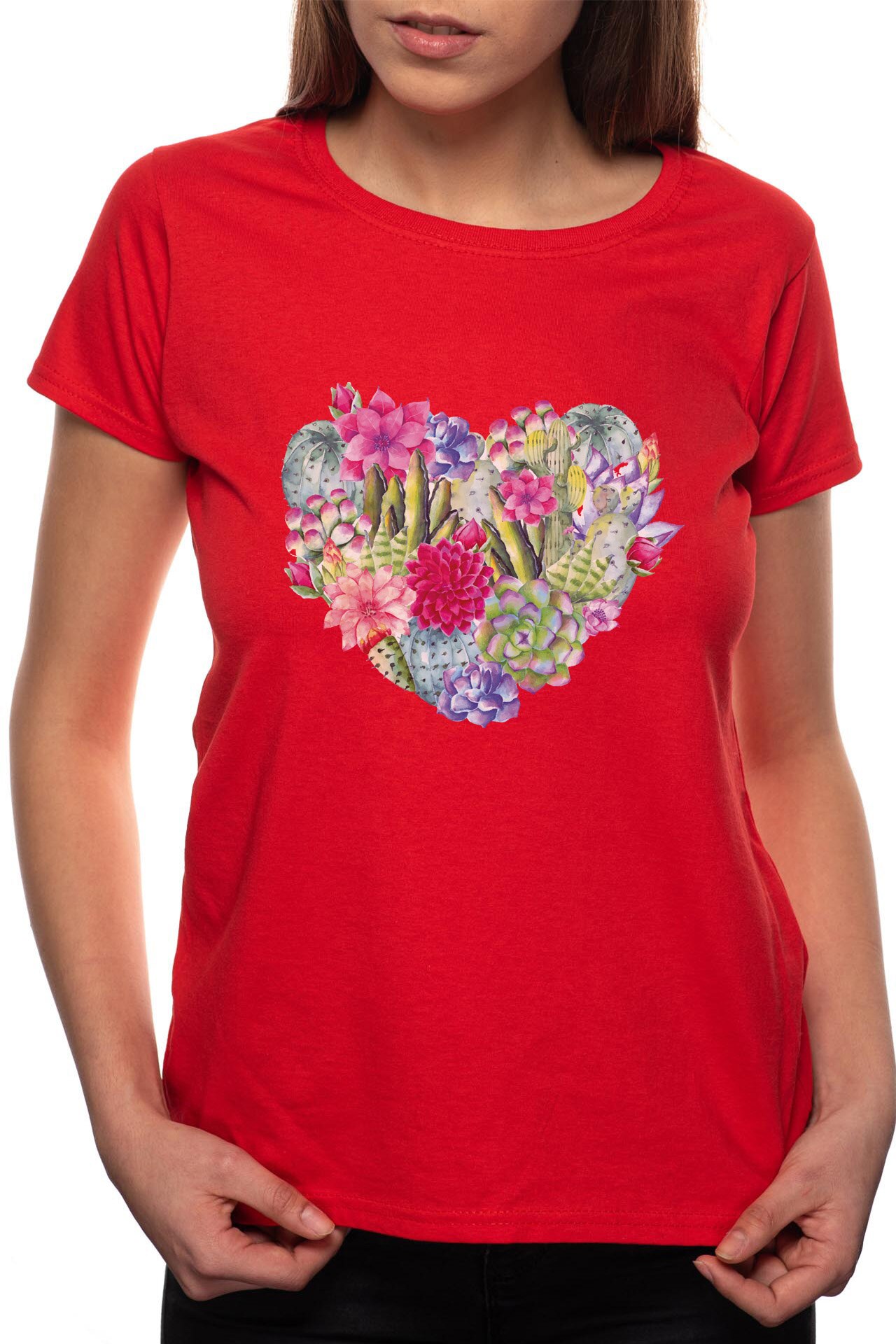 Tricou dama, Cactus Heart, 100% Bumbac, B219, Rosu