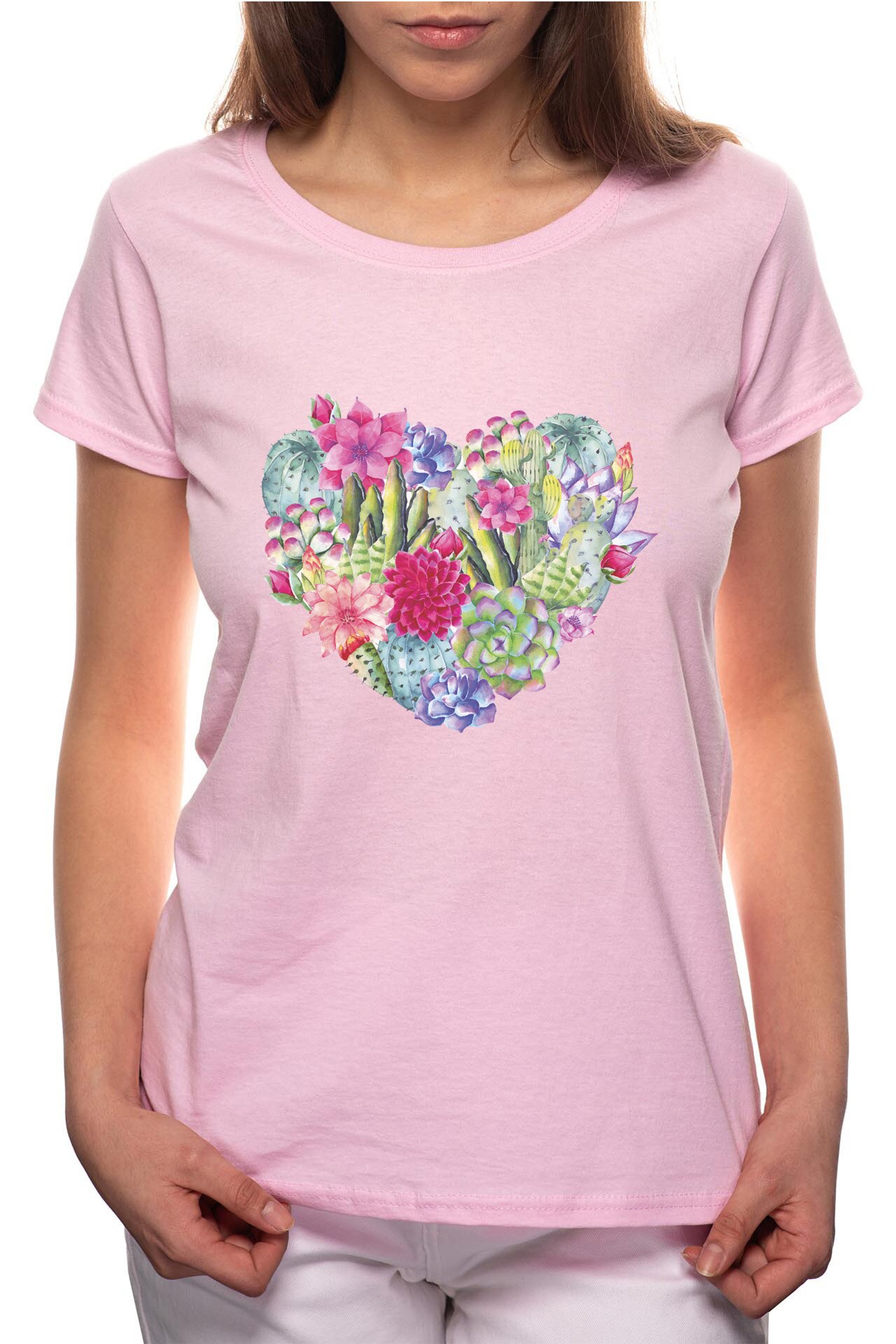 Tricou dama, Cactus Heart, 100% Bumbac, B219, Roz