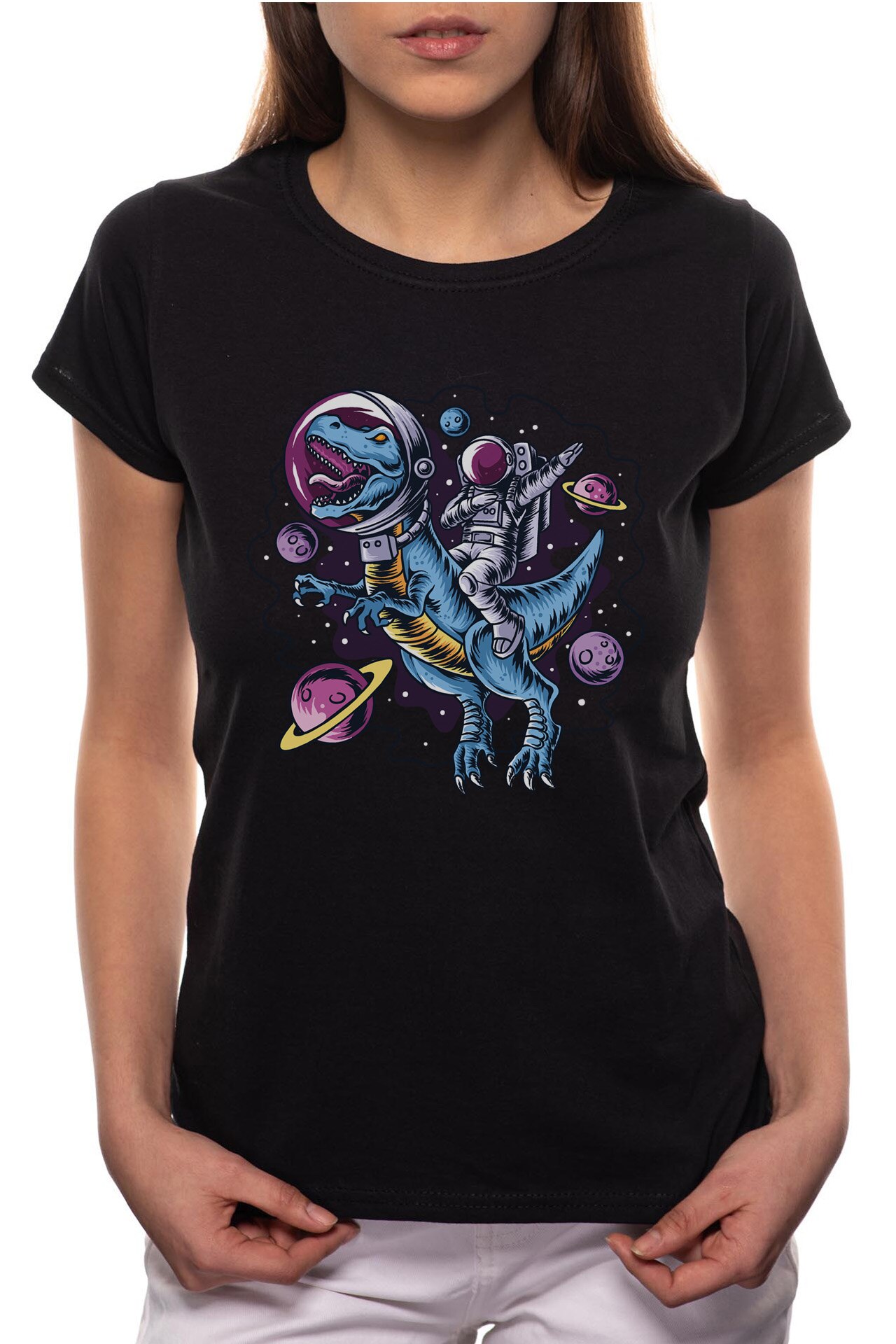Tricou dama, Astronaut Dinosaurus, 100% Bumbac, BR226, Negru