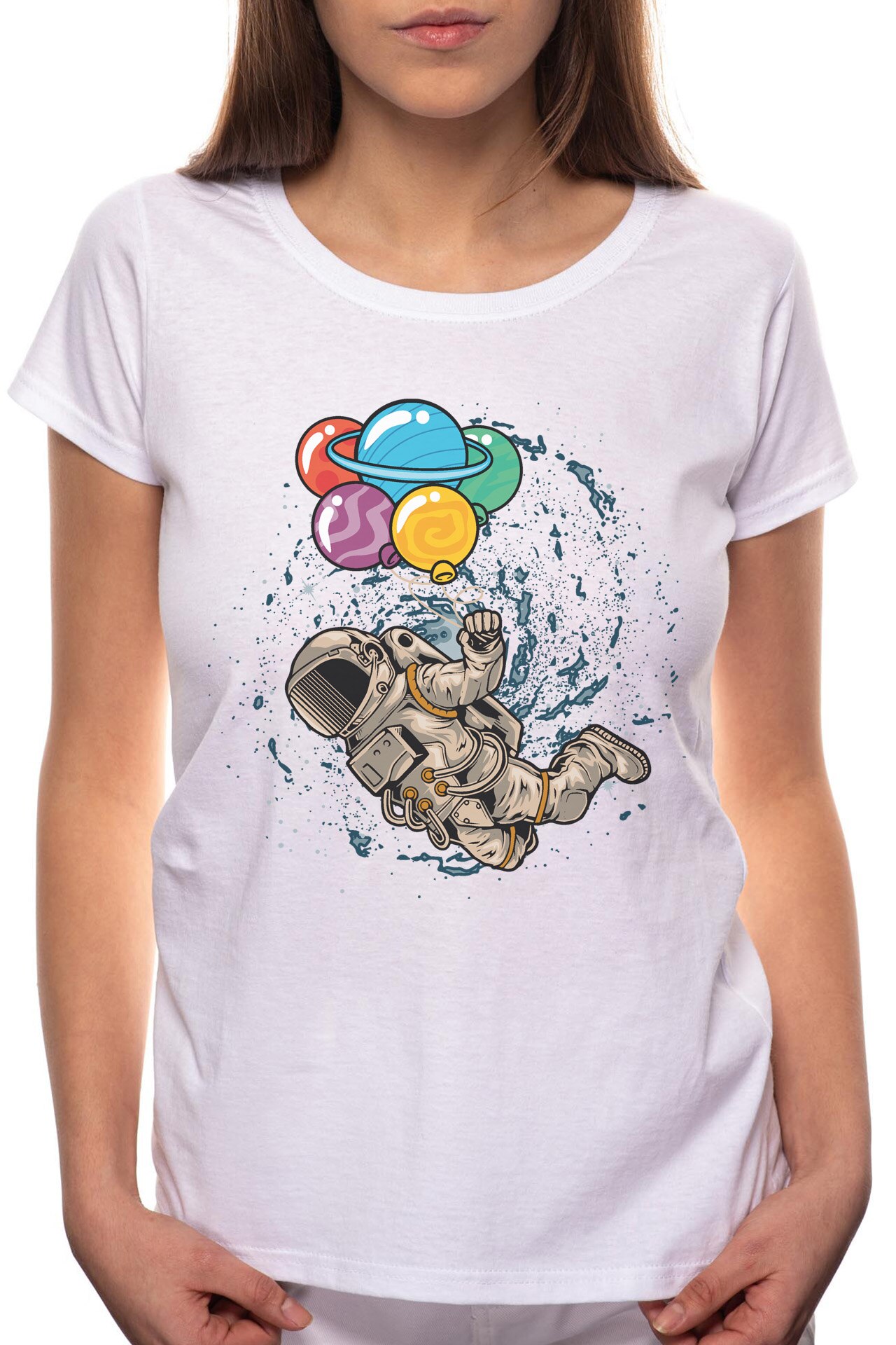 Tricou dama, Astronaut With Planets, 100% Bumbac, P228, Alb
