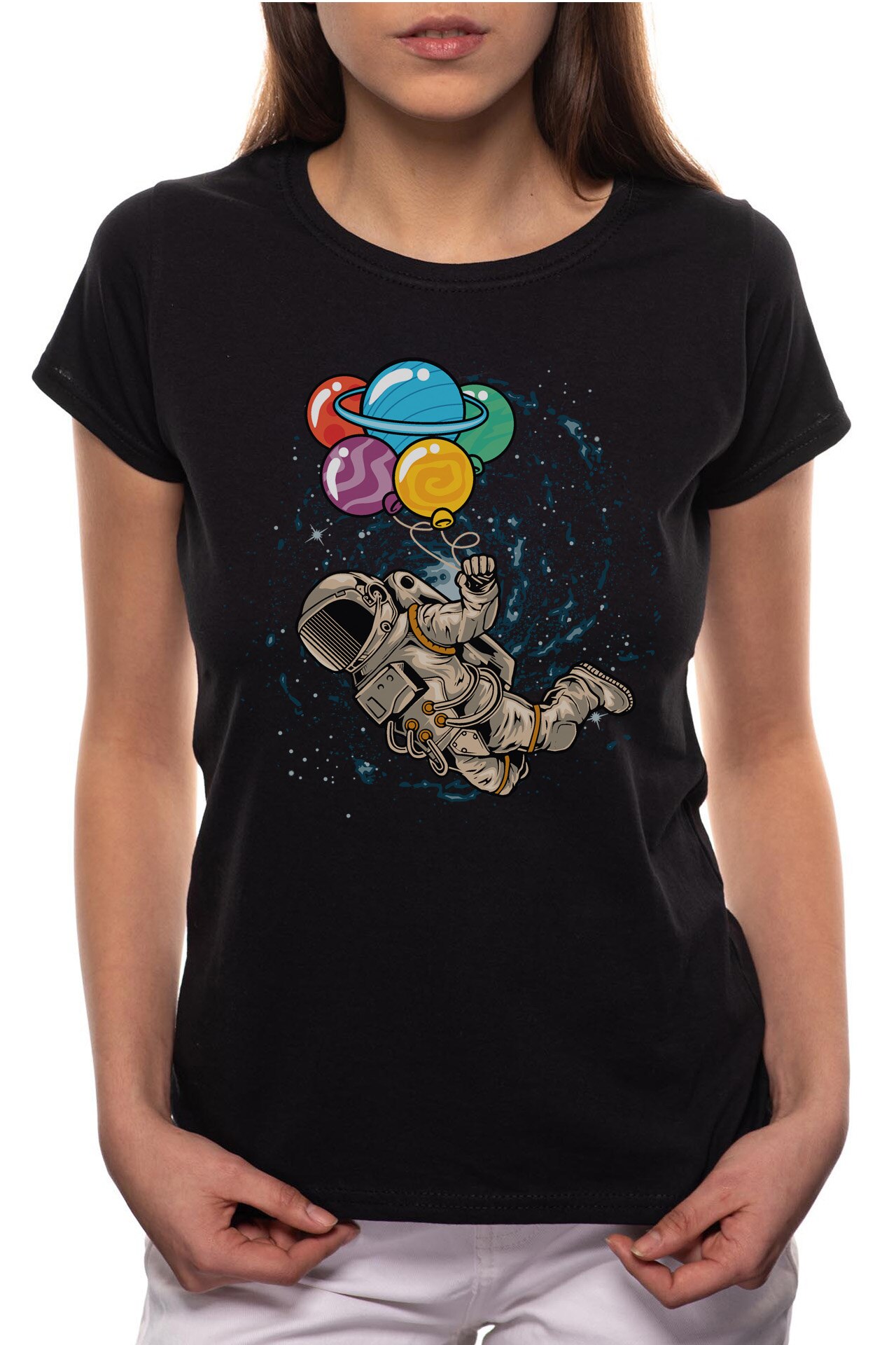 Tricou dama, Astronaut With Planets, 100% Bumbac, P228, Negru