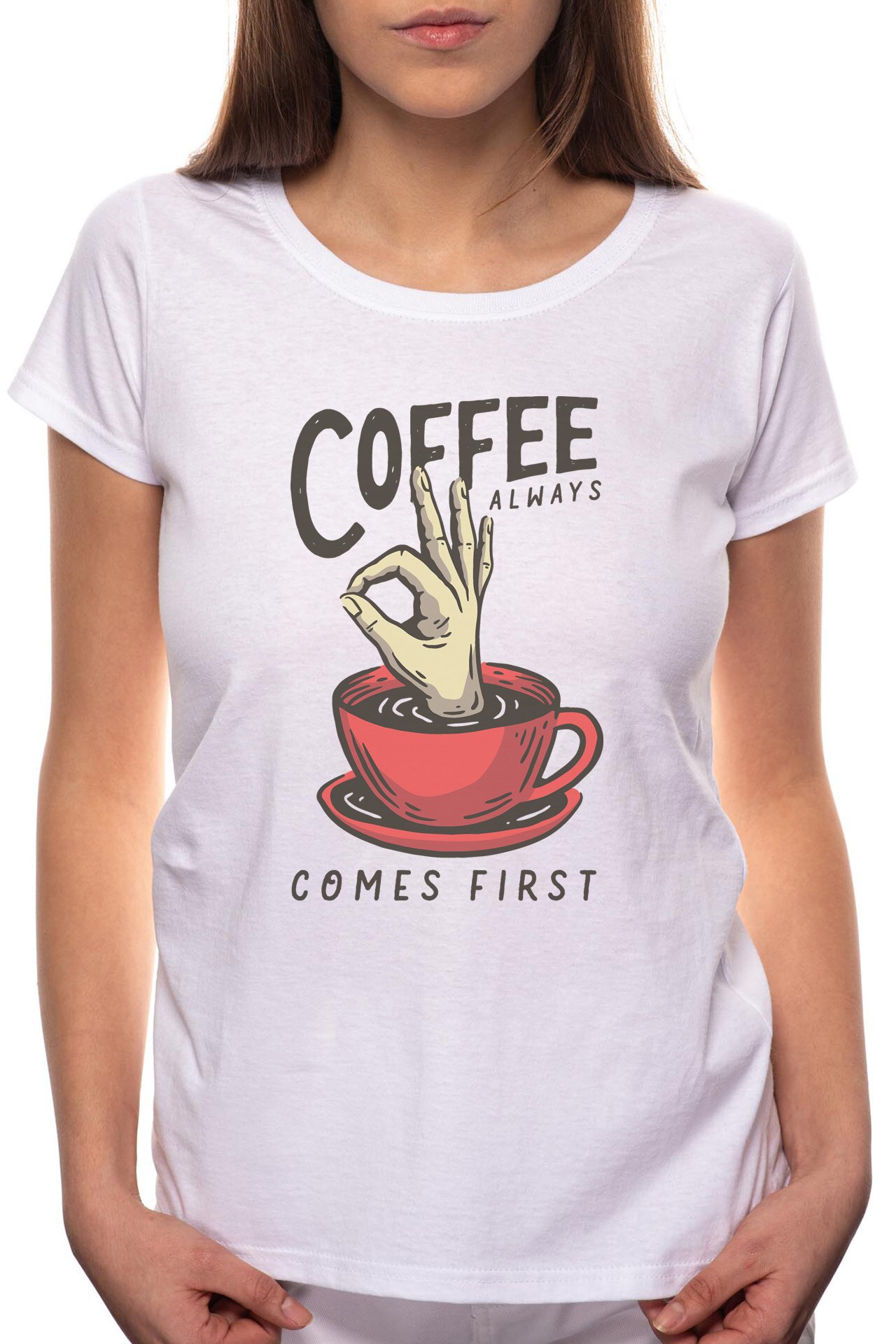 Tricou dama, Coffee First, 100% Bumbac, BR230, Alb