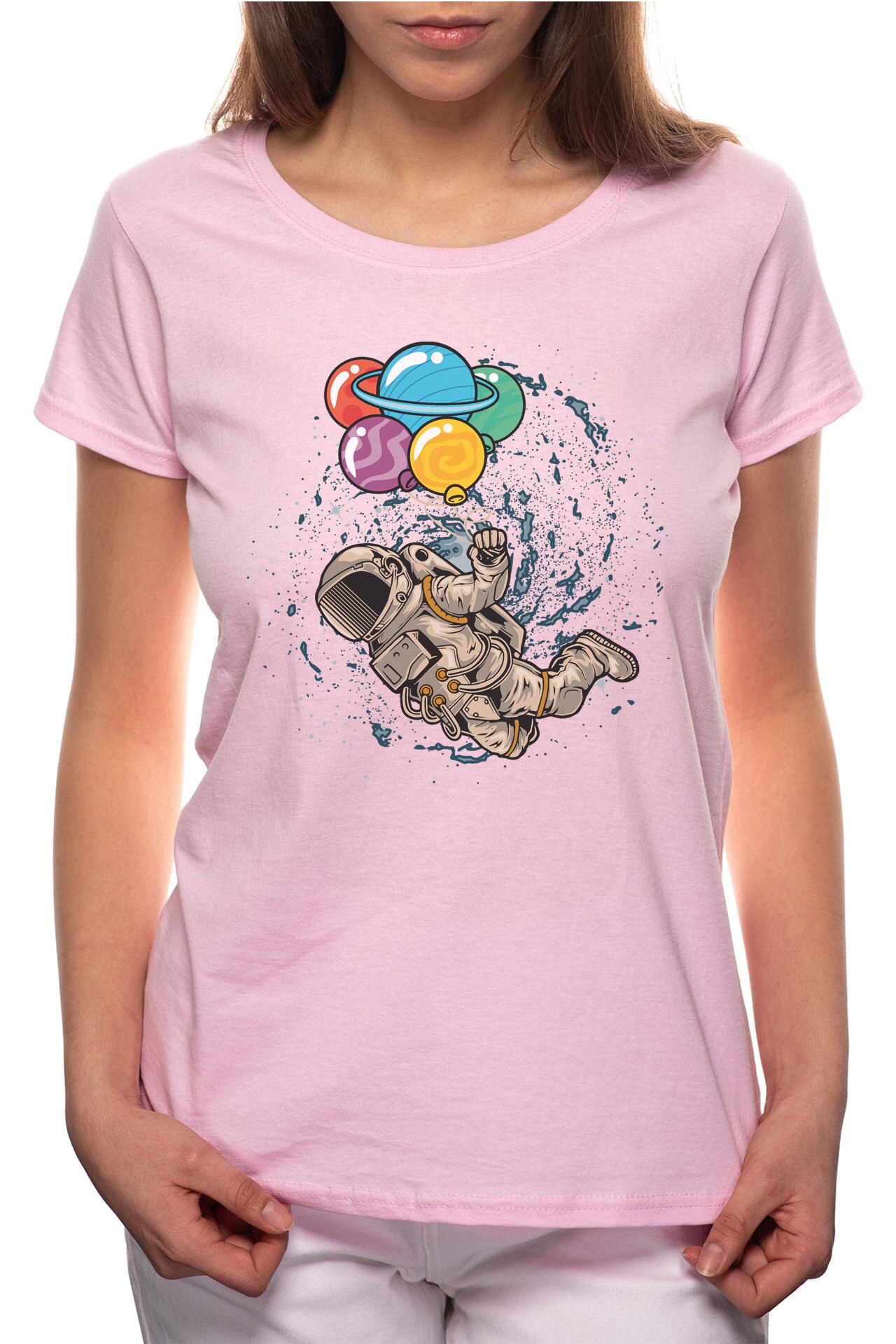 Tricou dama, Astronaut With Planets, 100% Bumbac, P228, Roz