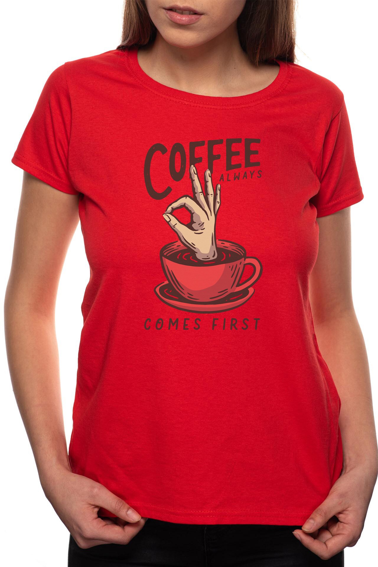 Tricou dama, Coffee First, 100% Bumbac, BR230, Rosu