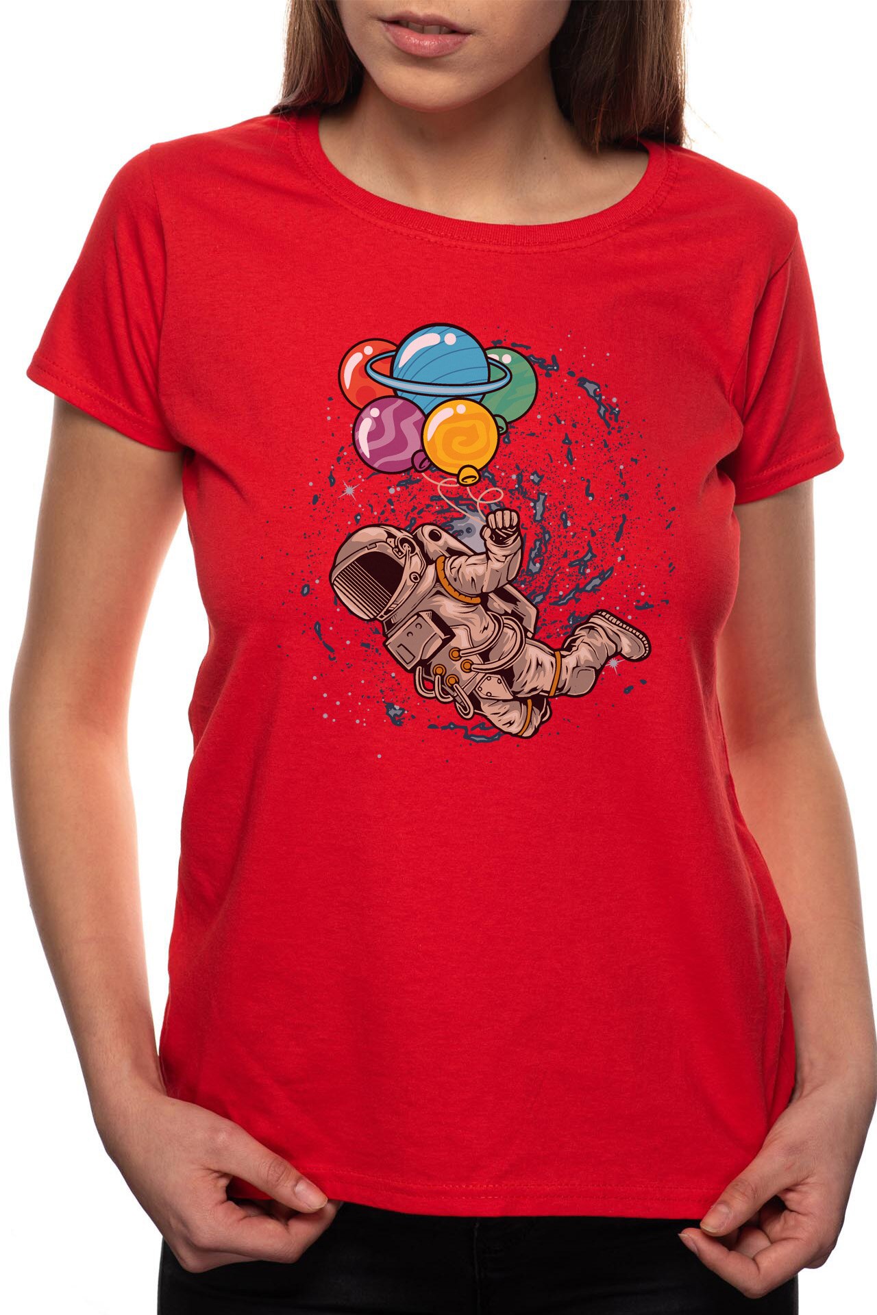 Tricou dama, Astronaut With Planets, 100% Bumbac, P228, Rosu