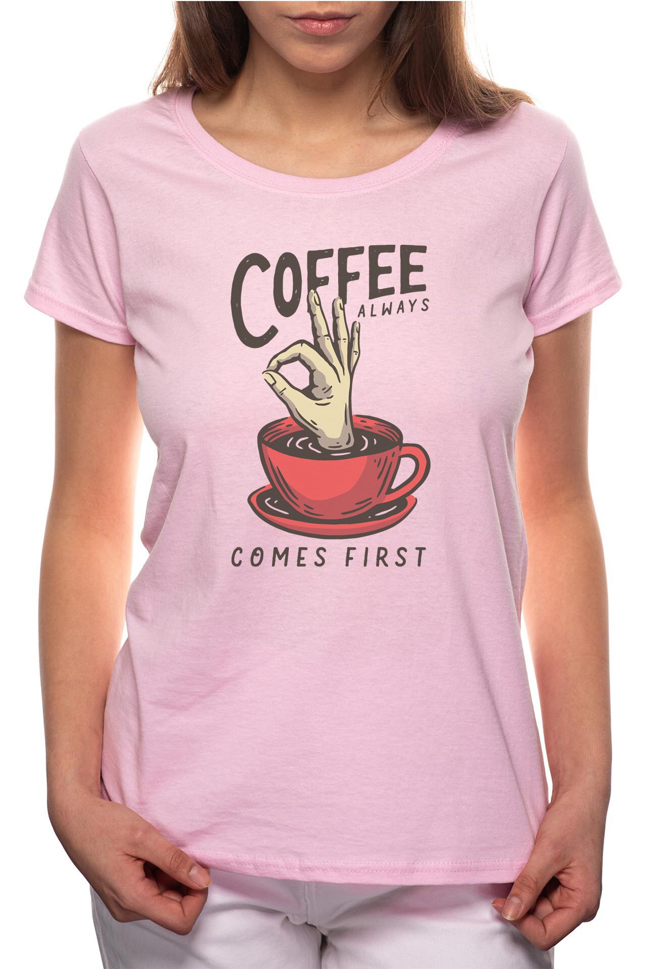Tricou dama, Coffee First, 100% Bumbac, BR230, Roz