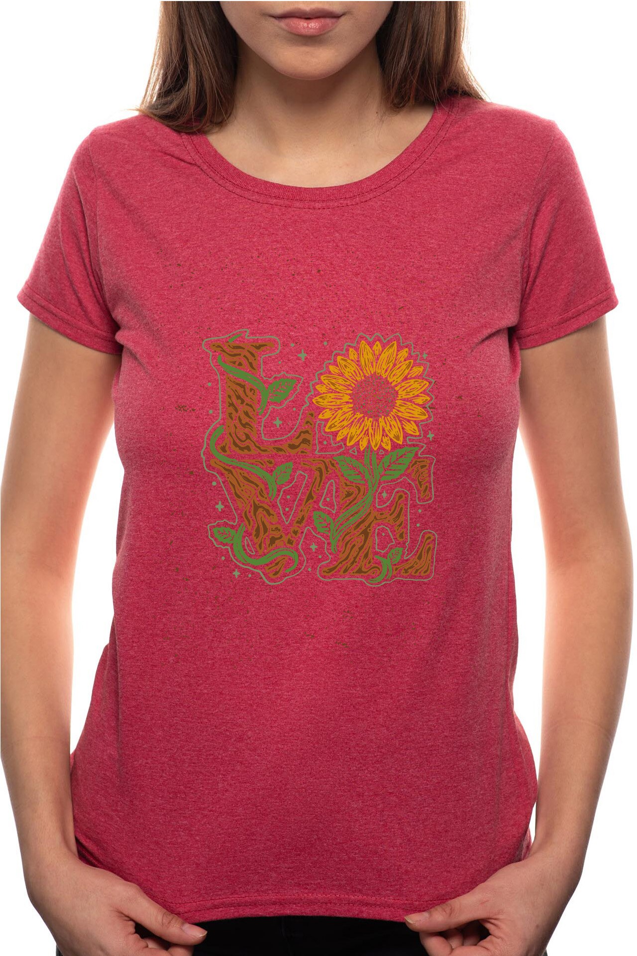 Tricou dama, Love SunFlower, 100% Bumbac, B249, Rosu Bordeaux