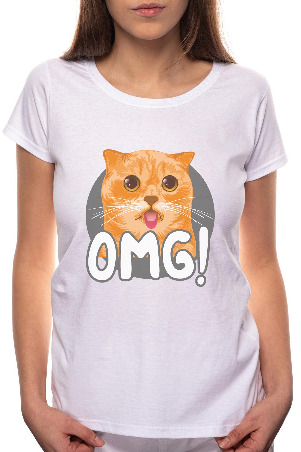 Tricou dama, OMG Cat, 100% Bumbac, W262, Alb