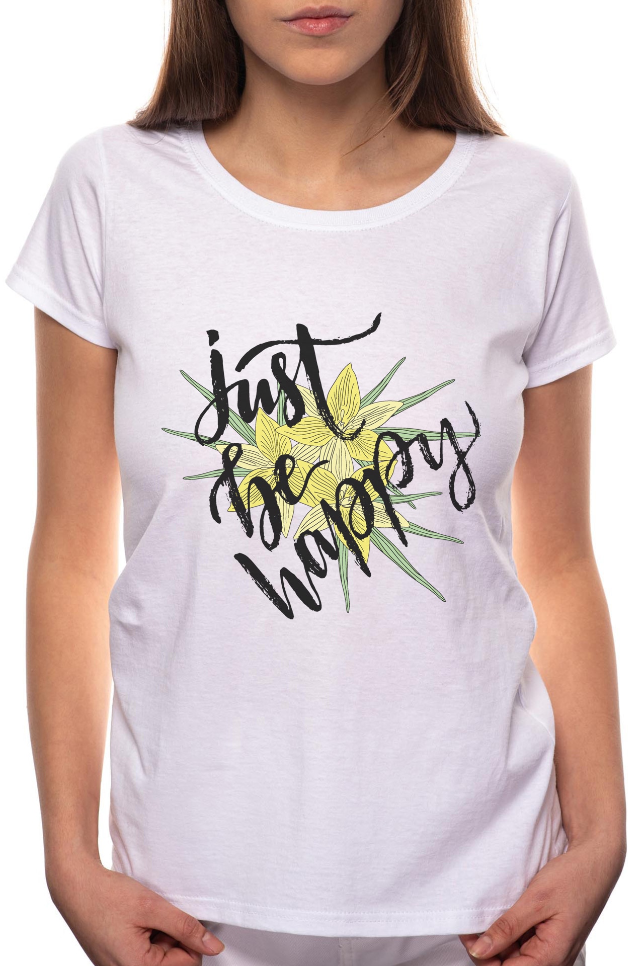 Tricou dama, Just Be Happy, 100% Bumbac, P263, Alb