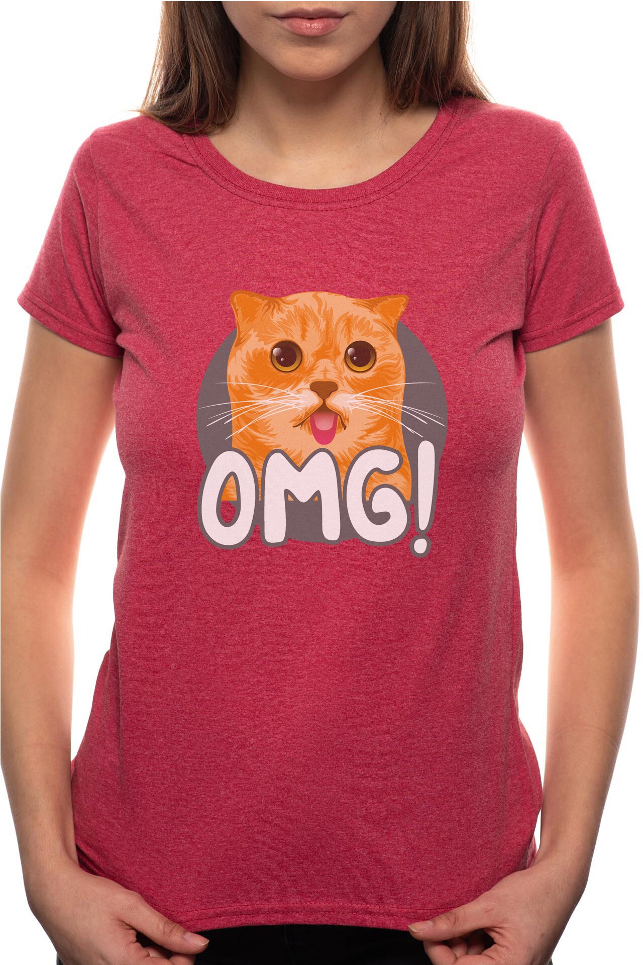 Tricou dama, OMG Cat, 100% Bumbac, W262, Rosu Bordeaux