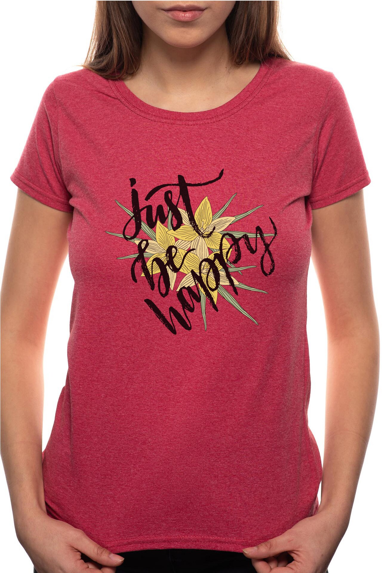 Tricou dama, Just Be Happy, 100% Bumbac, P263, Rosu Bordeaux